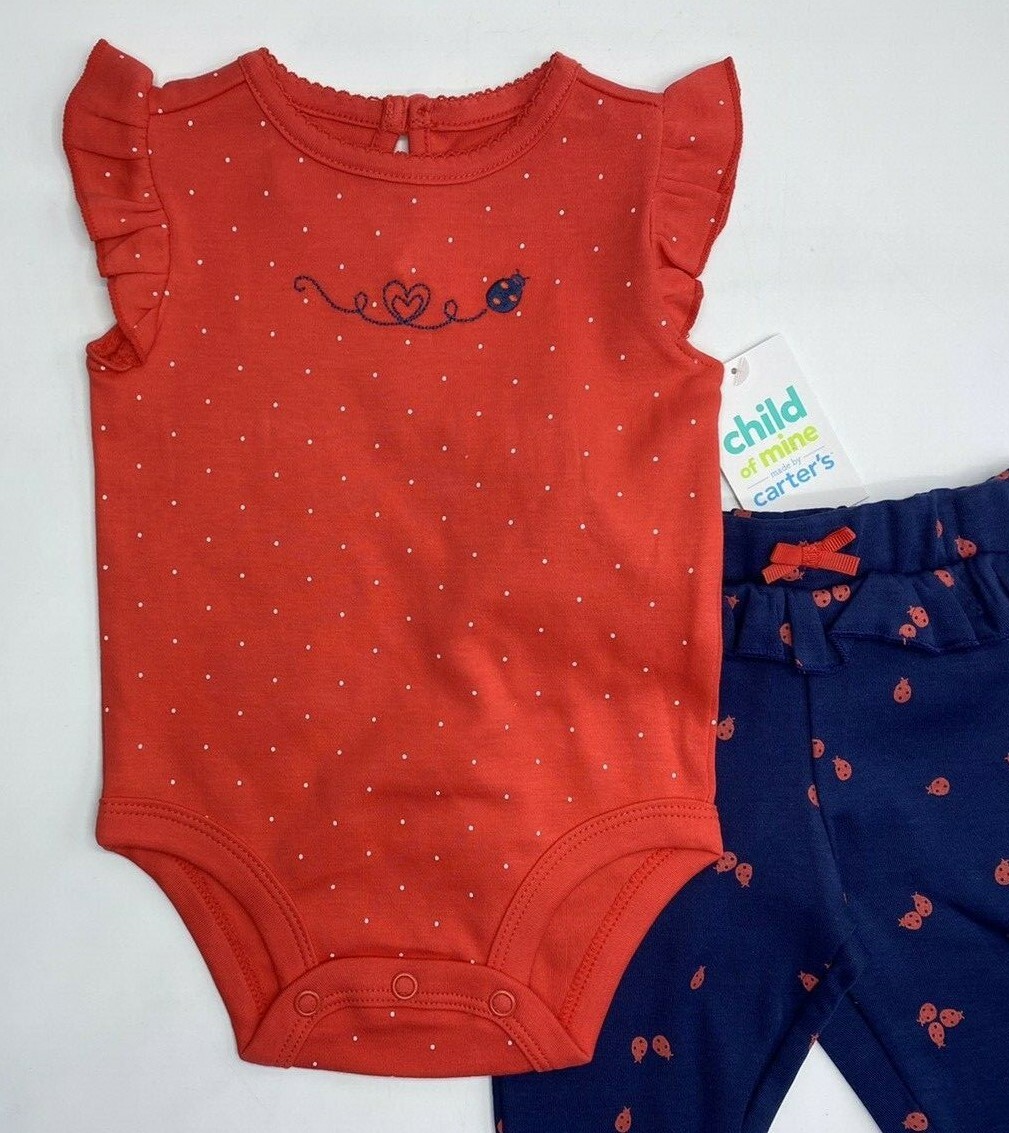Girls Size 6-9M Adorable 2-Piece Pants Set Outfit Ladybugs Sleeveless Bodysuit