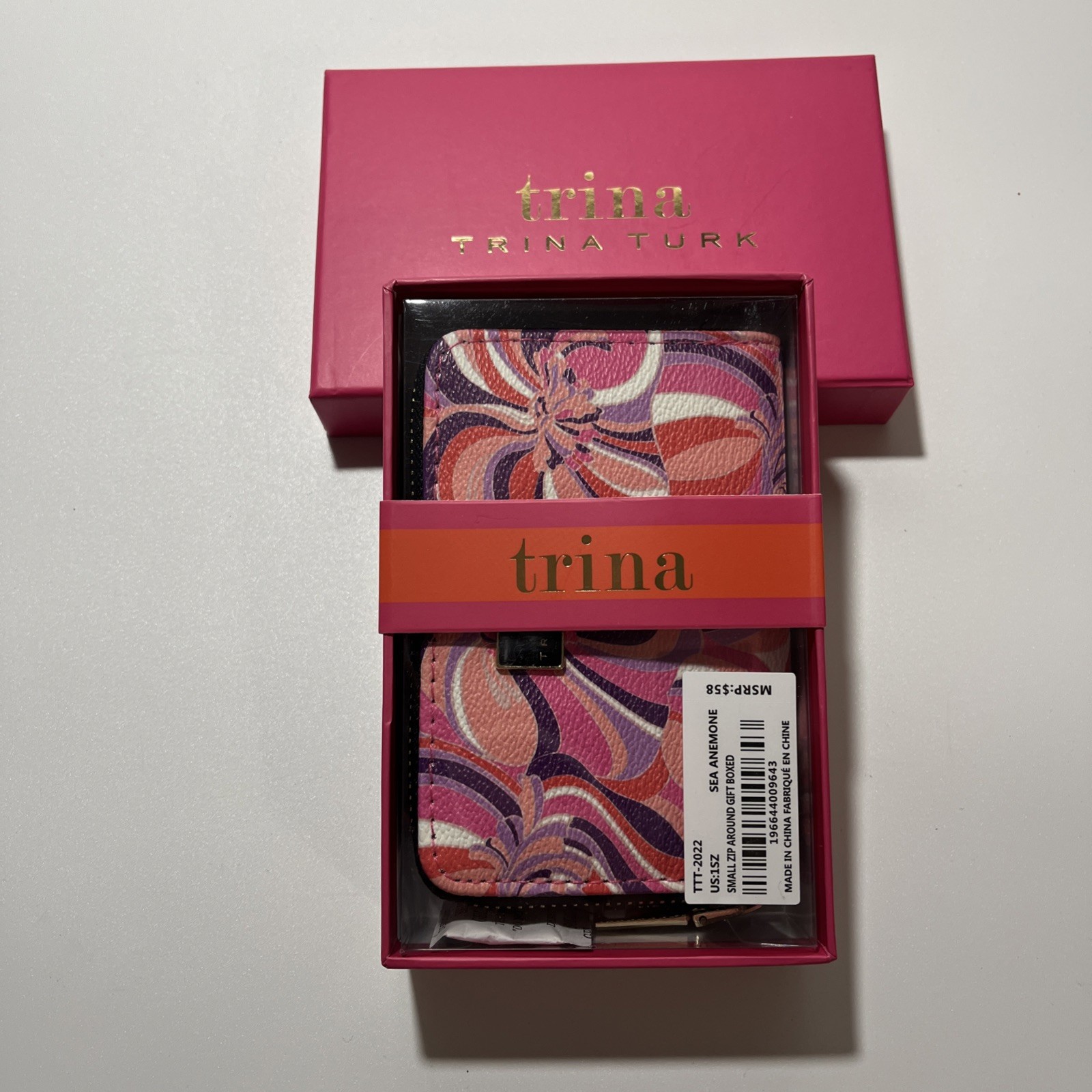 Trina Turk Small Zip Around Wallet Sea Anemone New With Gift Box Vegan Leather