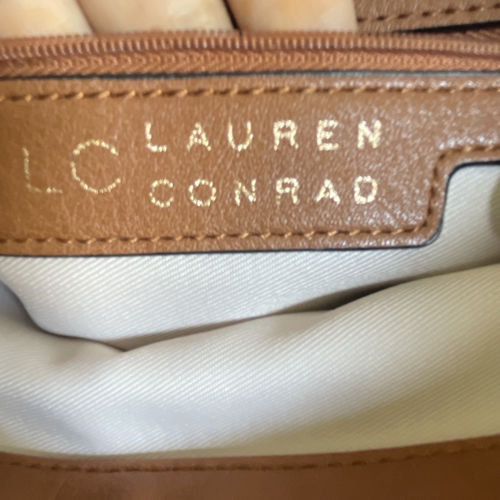 LC Lauren Conrad Brown Tote Bag Zip Top Magnetic Snap Inner Pockets Beige Lined