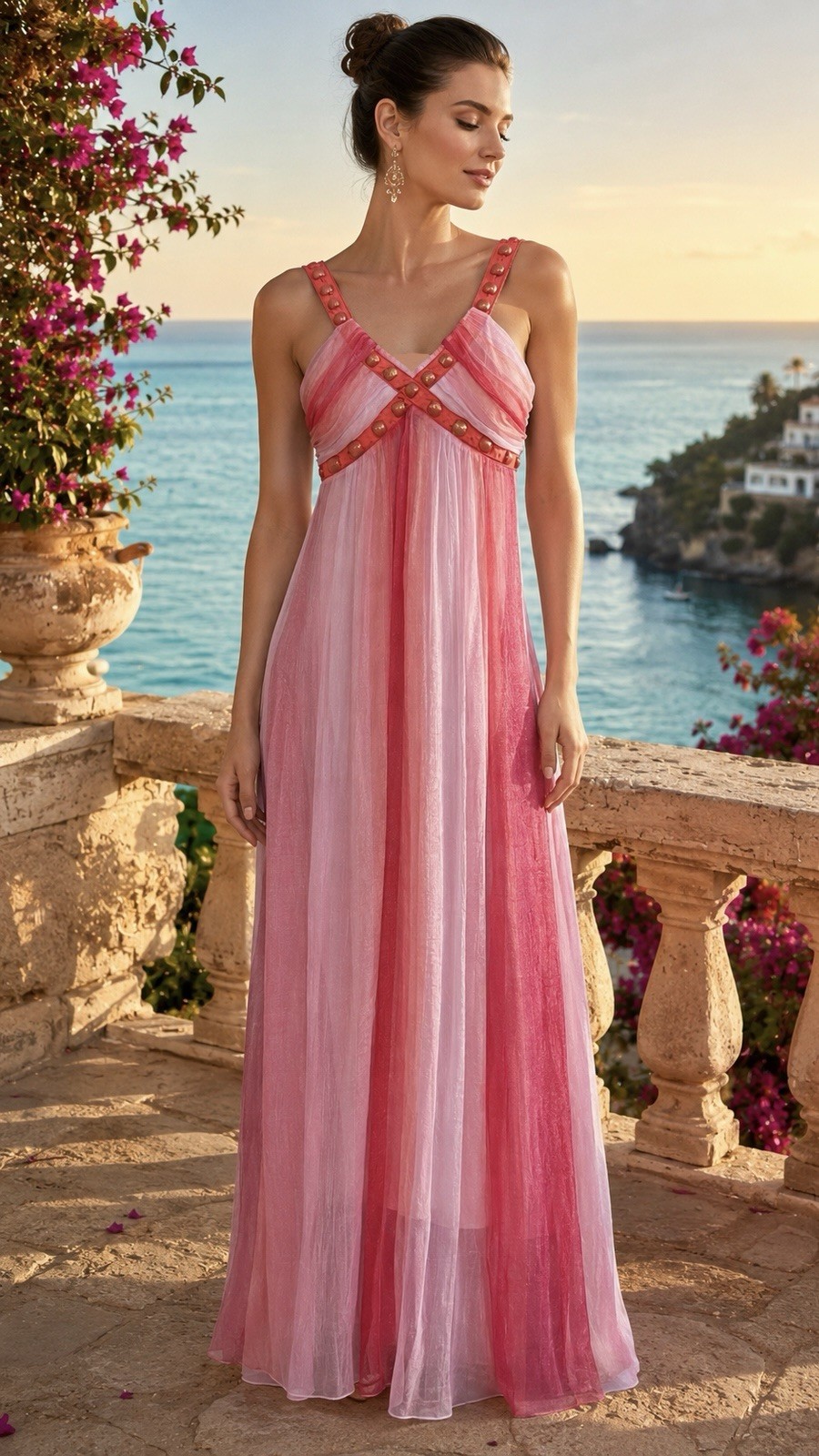 Grecian Pink Maxi Dress Chiffon Empire Waist Studded Straps Stretch S M