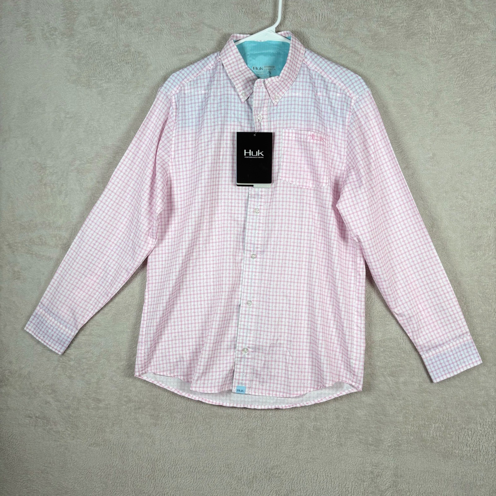 Huk Santiago LS Fishing Shirt Mens Small Pink Check NXTLVL Performance NEW