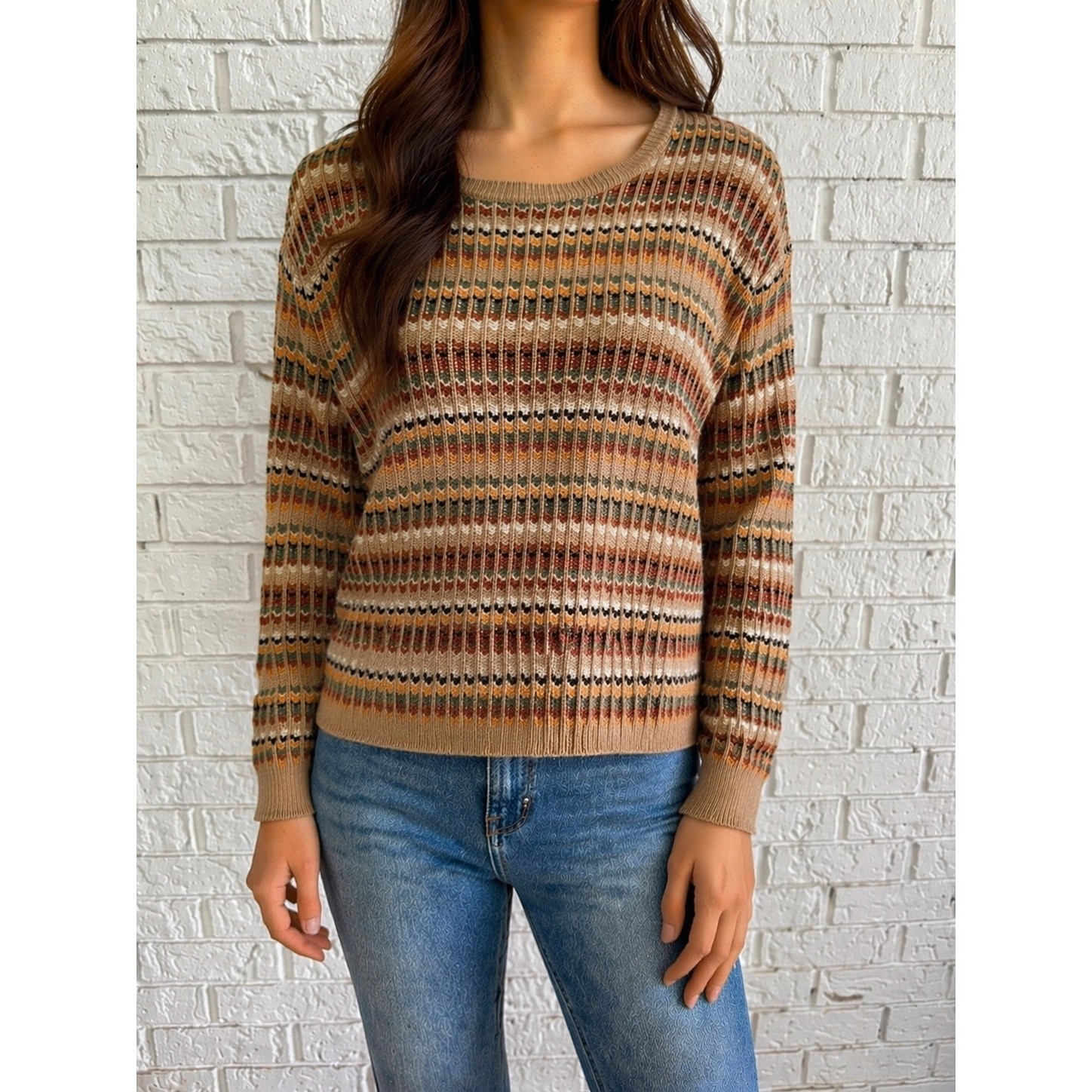 Alfred Dunner Sweater Women XL Tan Striped Knit Crew Neck USA Made