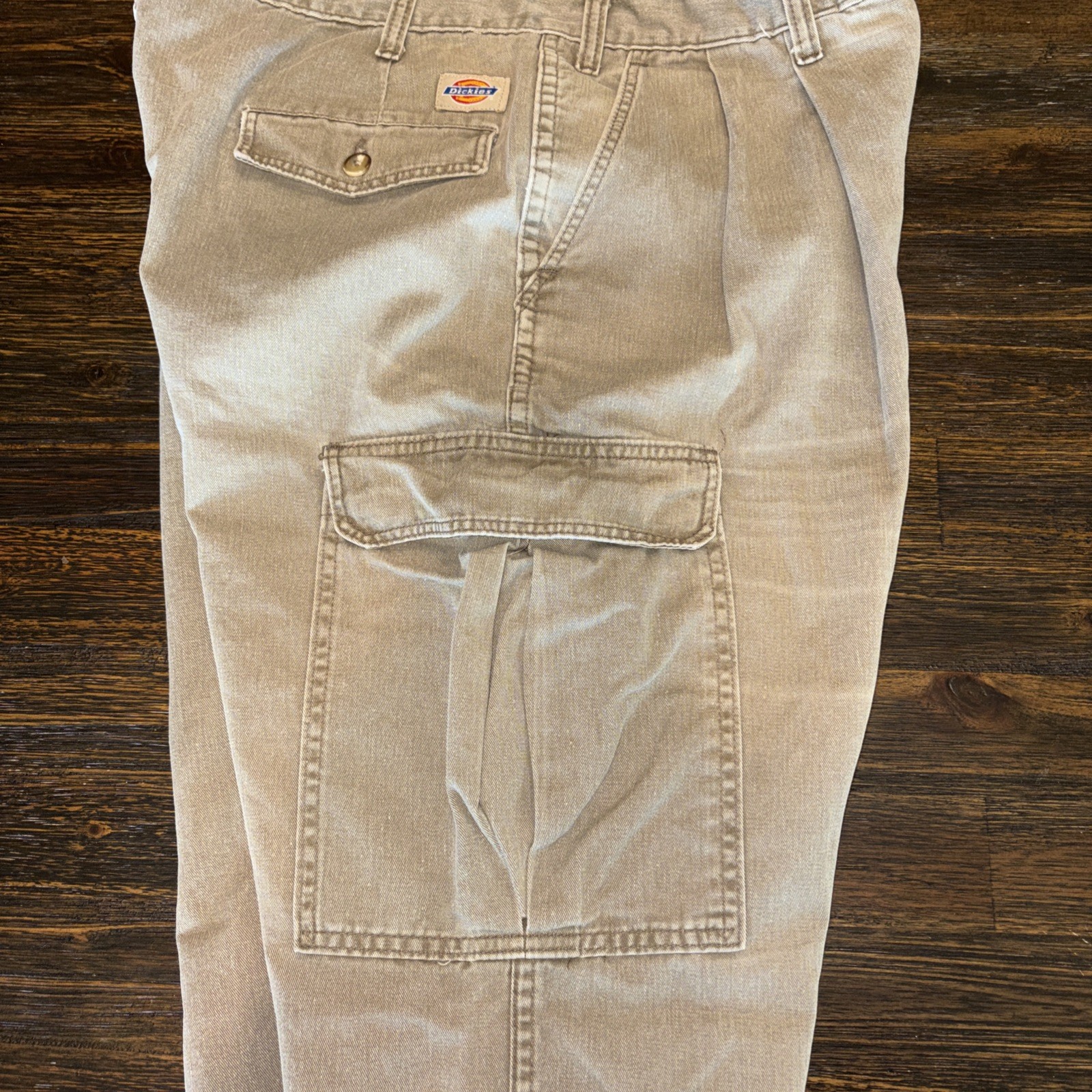 Vintage 80s Dickies Cargo Workwear Pants Double Pleated Talon Zipper Beige 34×30