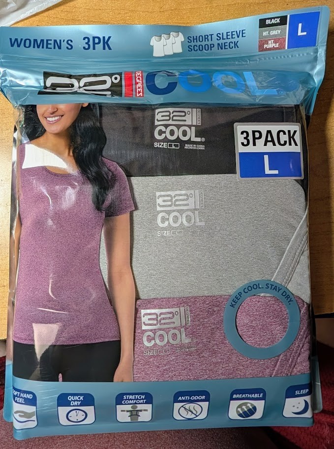 LADIES 32 Degrees Ladies’ Cool Tee, 3-pack, Black, Ht Grey Ht Purple Large