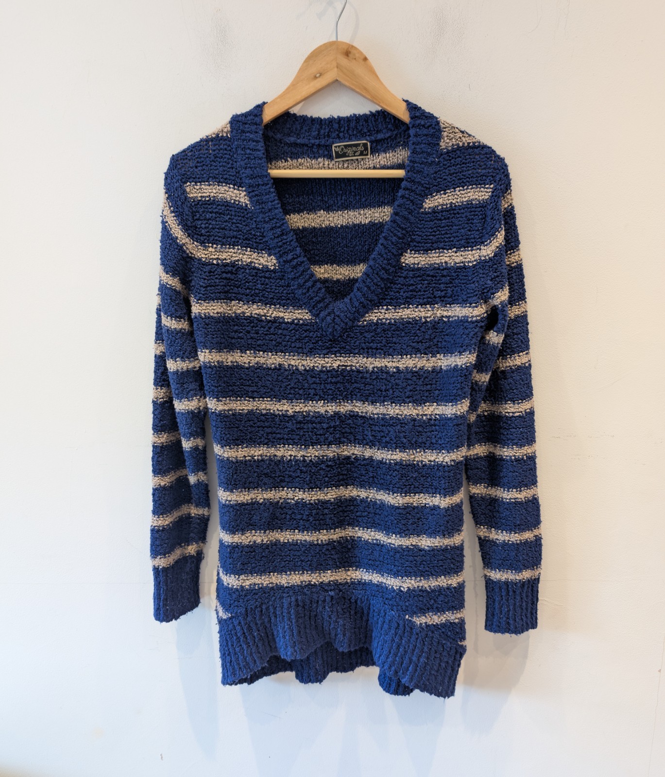 Originals Blue Beige Striped Chunky Knit Longline Jumper Womens Size M V Neck GC