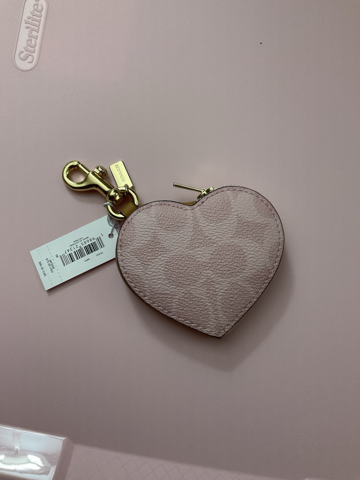 Coach Heart Bag Charm In Signature Canvas CEA22 Gold/Powder Pink NWT