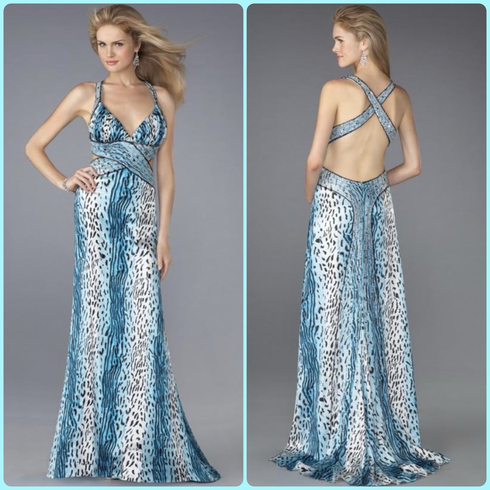 Vintage Caché Gown Y2K Blue Cheetah Print Sequins Beaded Sz 4 Formal Prom Dreas