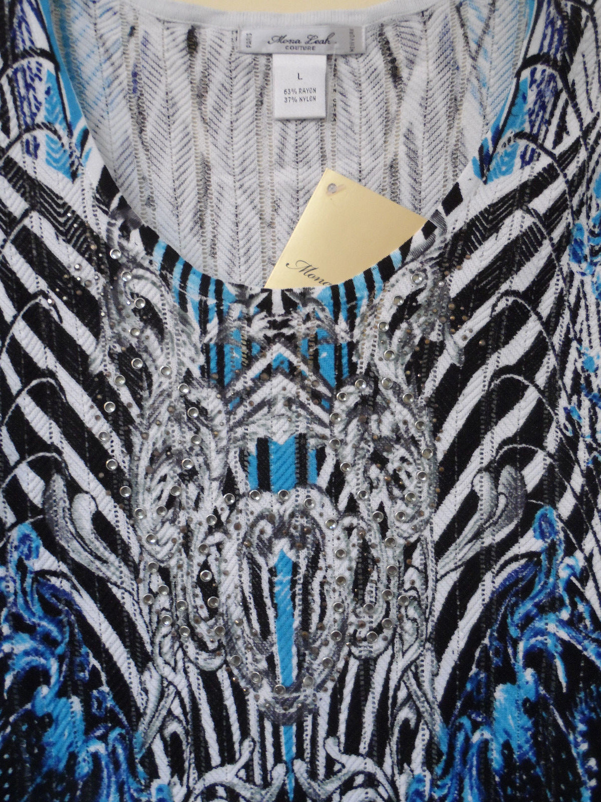 Mona Leah Paris N.Y. Couture Women L Stretch Rhinestone Multi Blue BlouseTop NWT