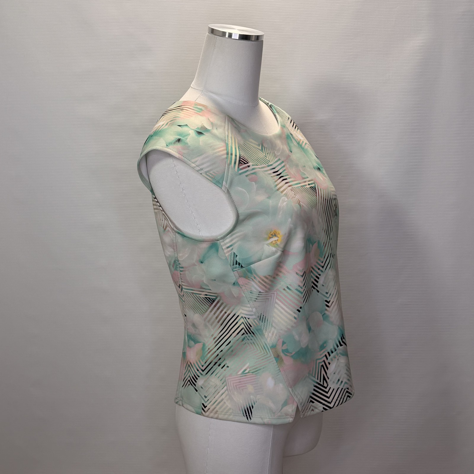 Robert Rodriguez Blouse Womens Medium Green Floral Geometric Zip Sleeveless Top