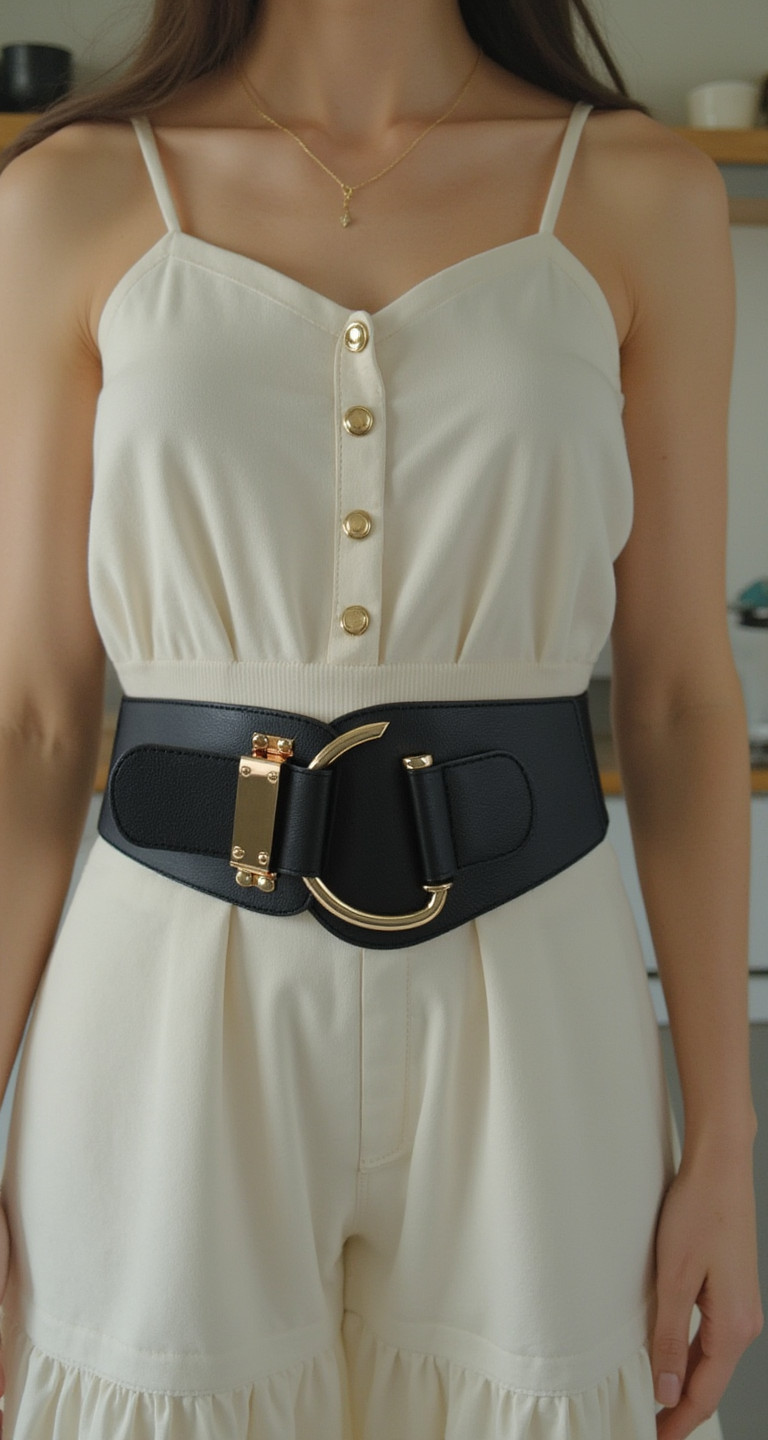 New Women Gold Metal Hook Buckle Elastic Black Fabric Cute Belt Plus Size XL XXL