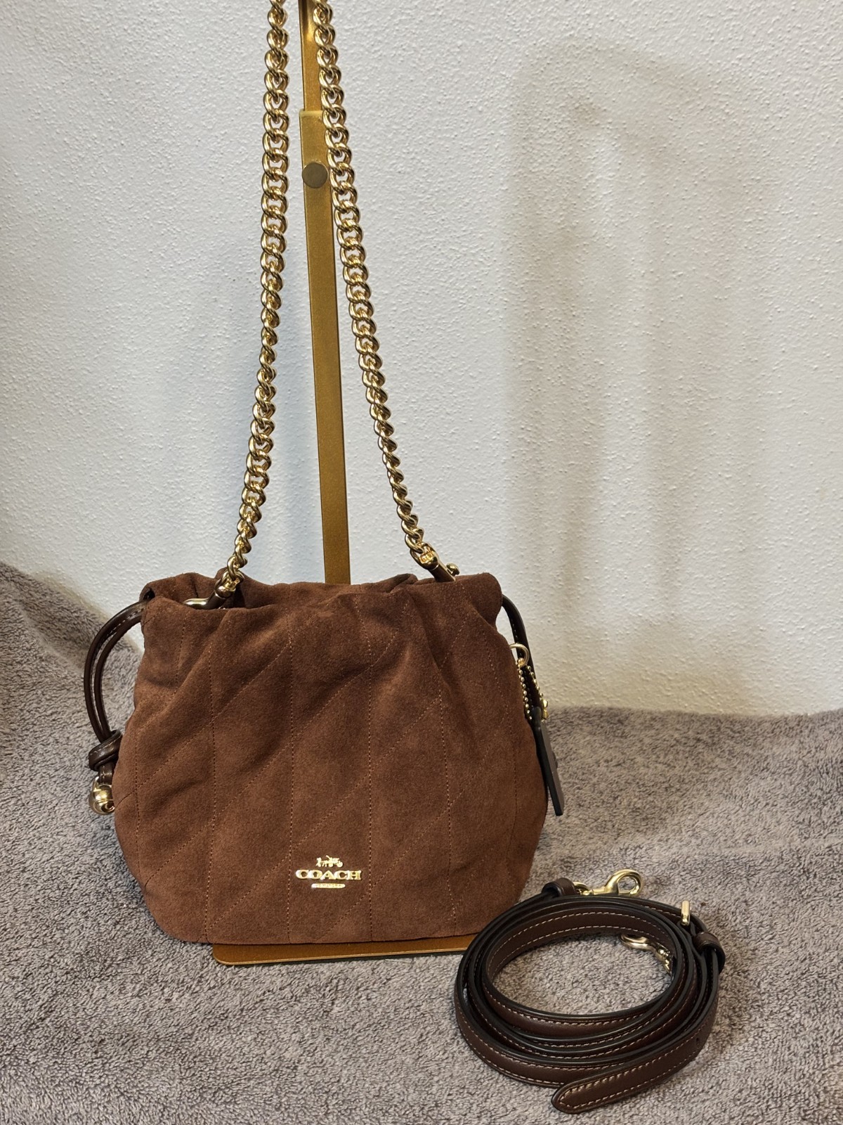 Coach Faye Mini Quilted Suede Drawstring Bag in Maple – New