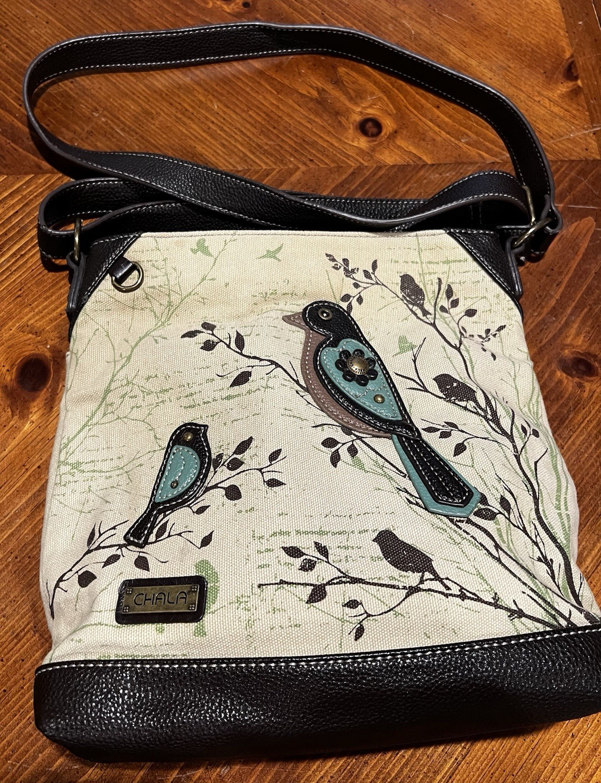 CHALA Bird Applique Crossbody Canvas Bag Zip Closure Beige/Black/Blue/Gold