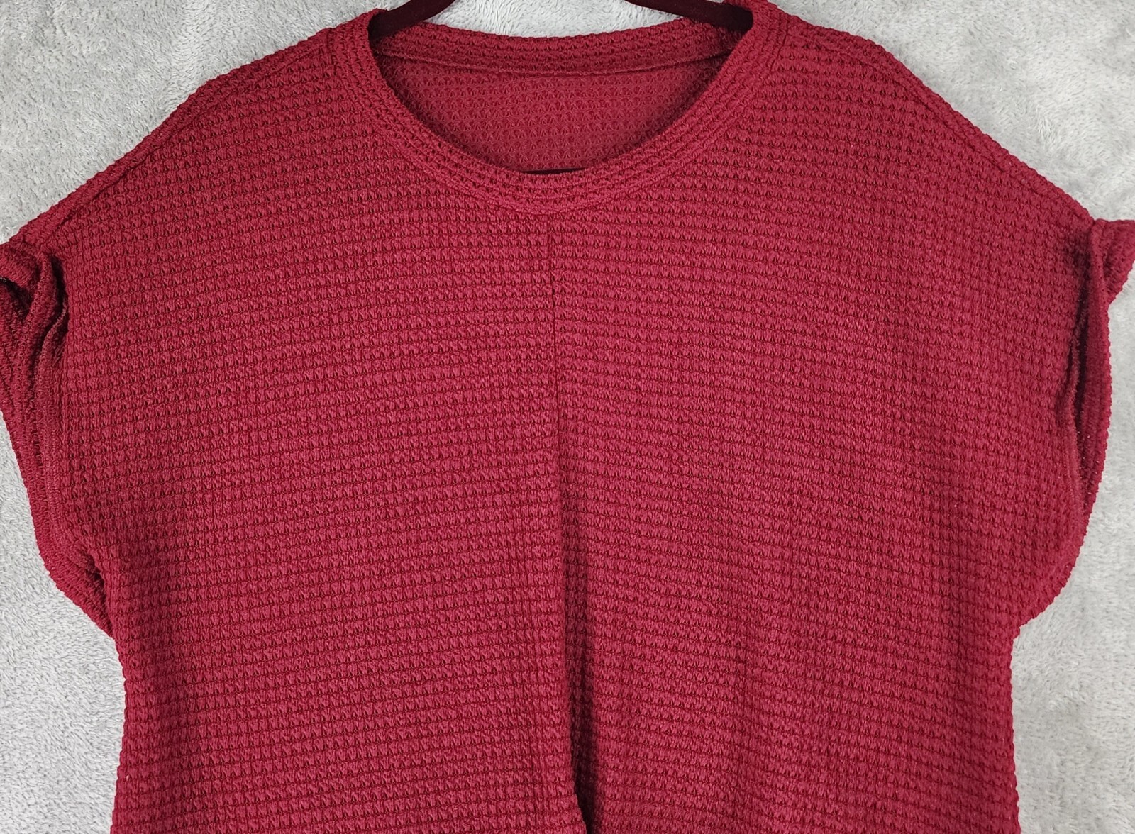 Womens Shirt Large Maroon Knit Cross Wrap Hem Batwing Short Sleeve Casual Top