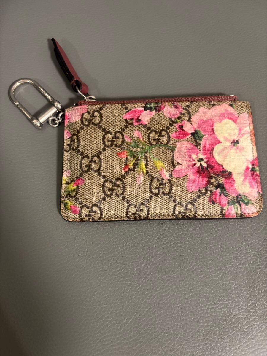 GUCCI GG Supreme Blooms Floral Coin Case Keyring Wallet Beige Pink Women