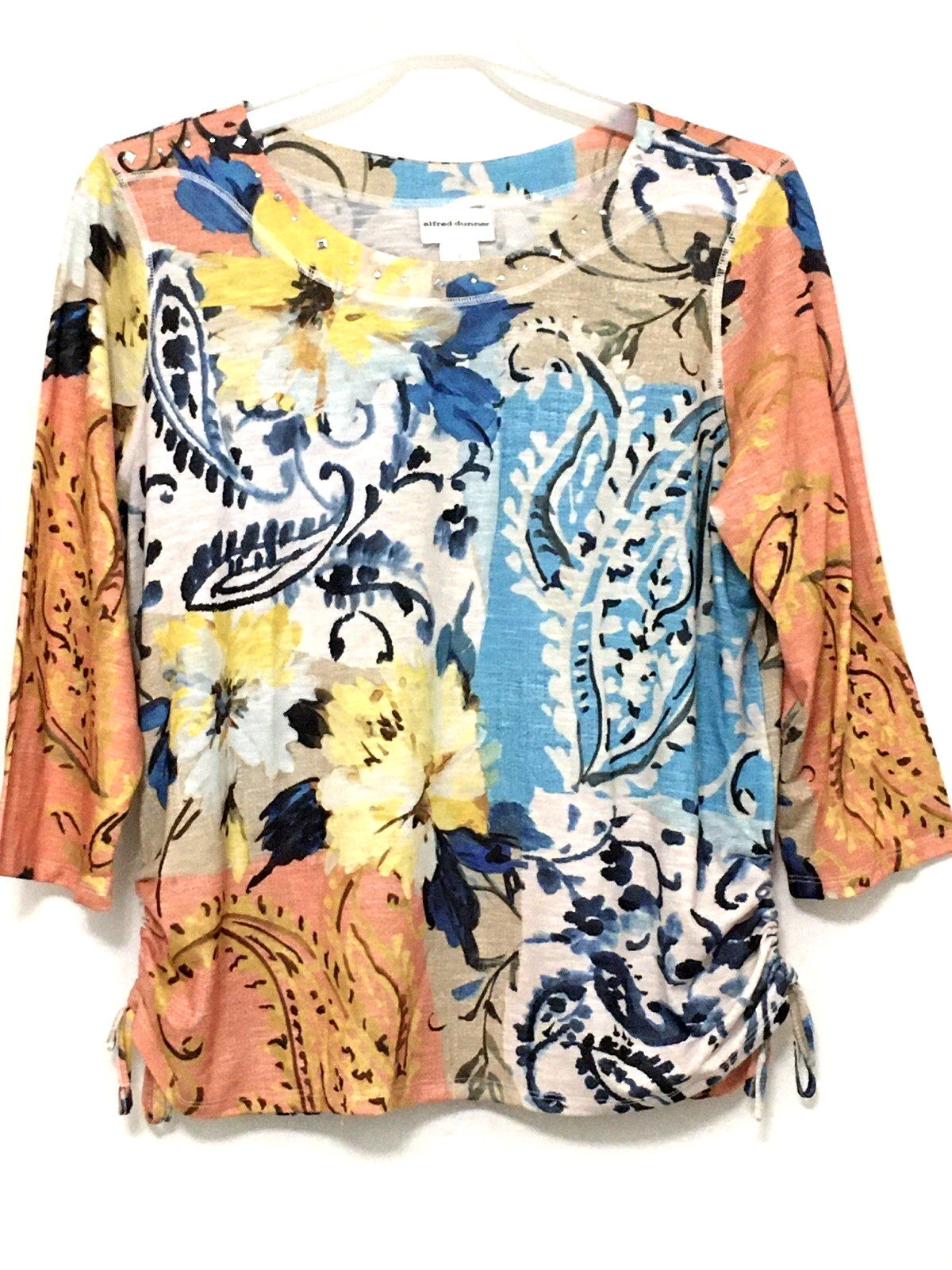 Alfred Dunner L Side Pull Tie Patchwork Print Decorative Neckline 3/4 Sleeve Top