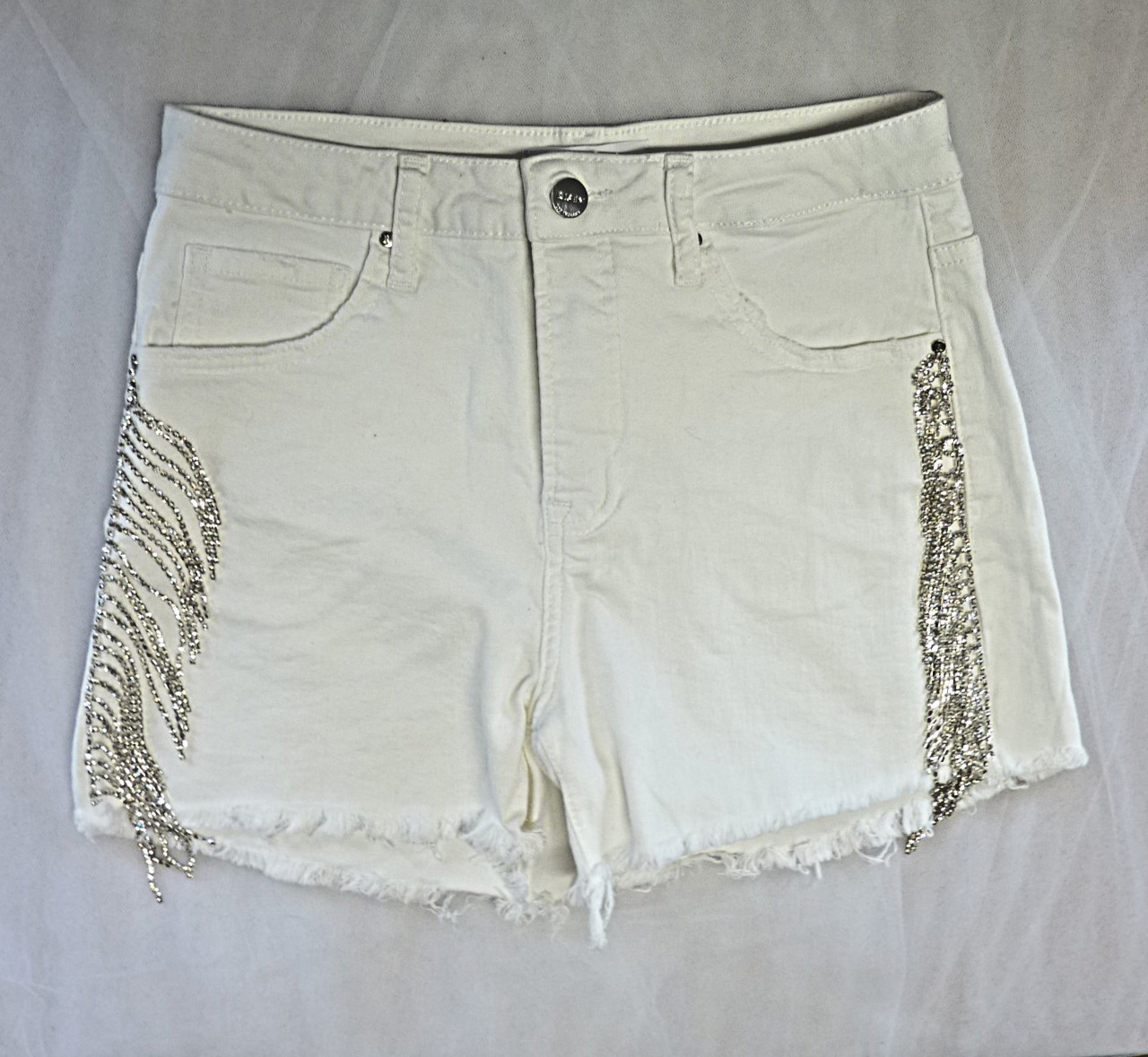 Risen Martina White denim shorts with Rhinestone Fringe Waist 30 inches.