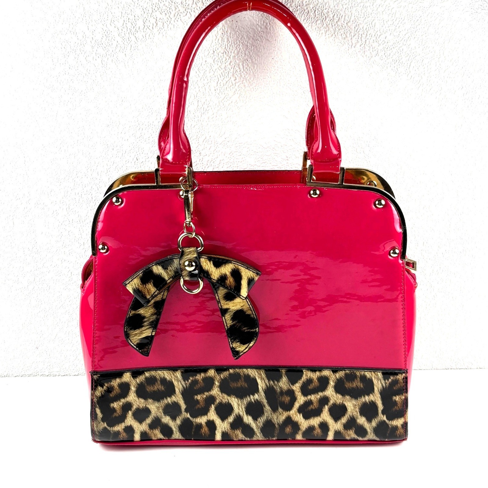Michael Kors Satchel Womens Large Pink Leopard Print Patent Leather Bow *Rare*