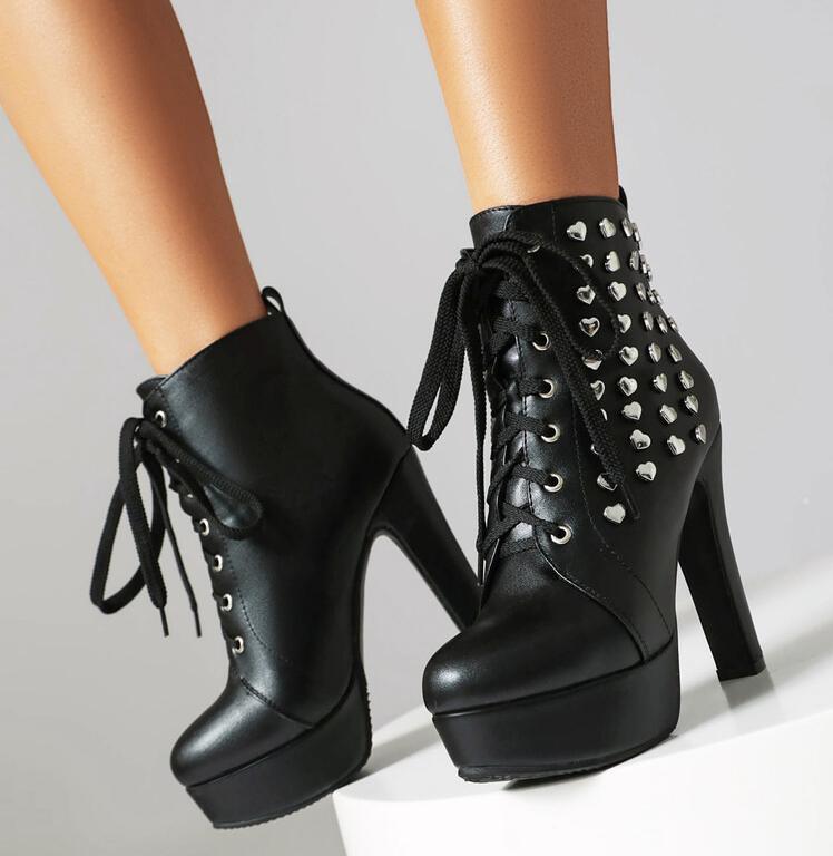 Rivets Women’s Faux Leather Ankle Boot Studded Lace Up Round Toe Chunky Heels