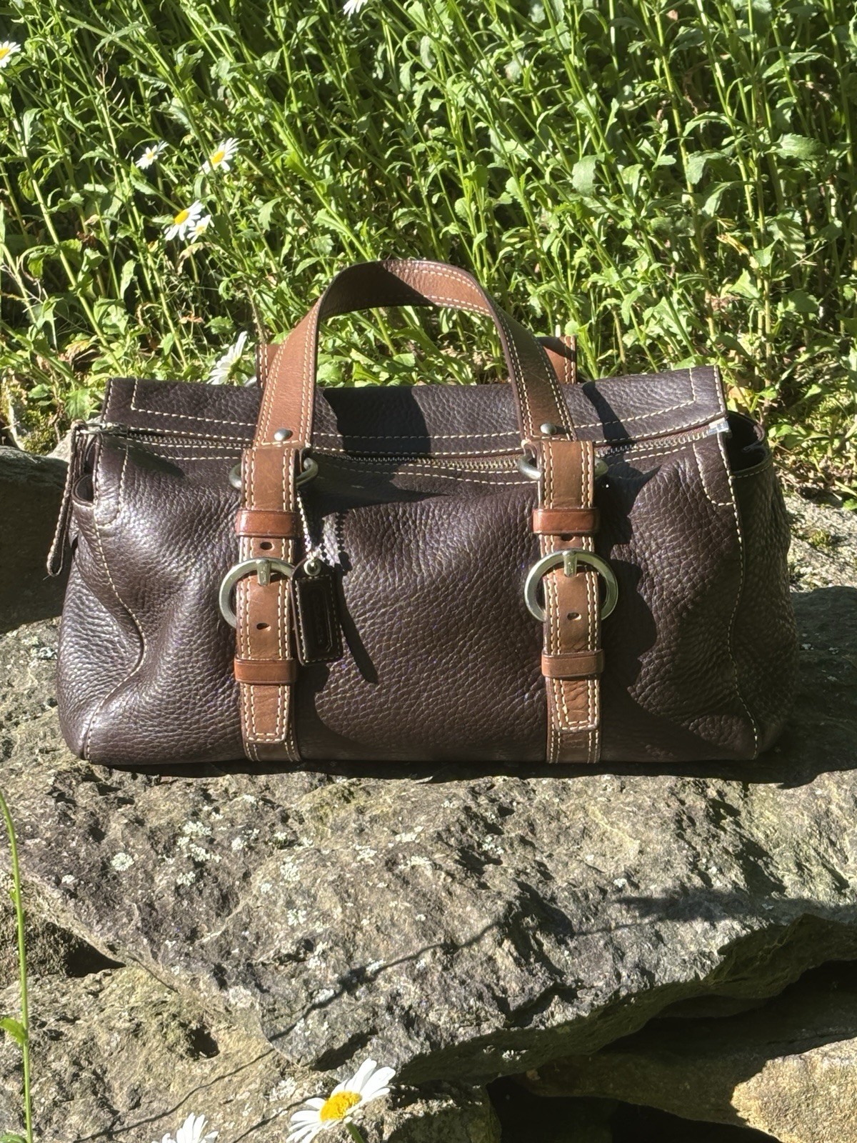 Coach F10887 Cocoa Brown Pebbled Leather Shoulder Tote Bag Purple Lining Hangtag