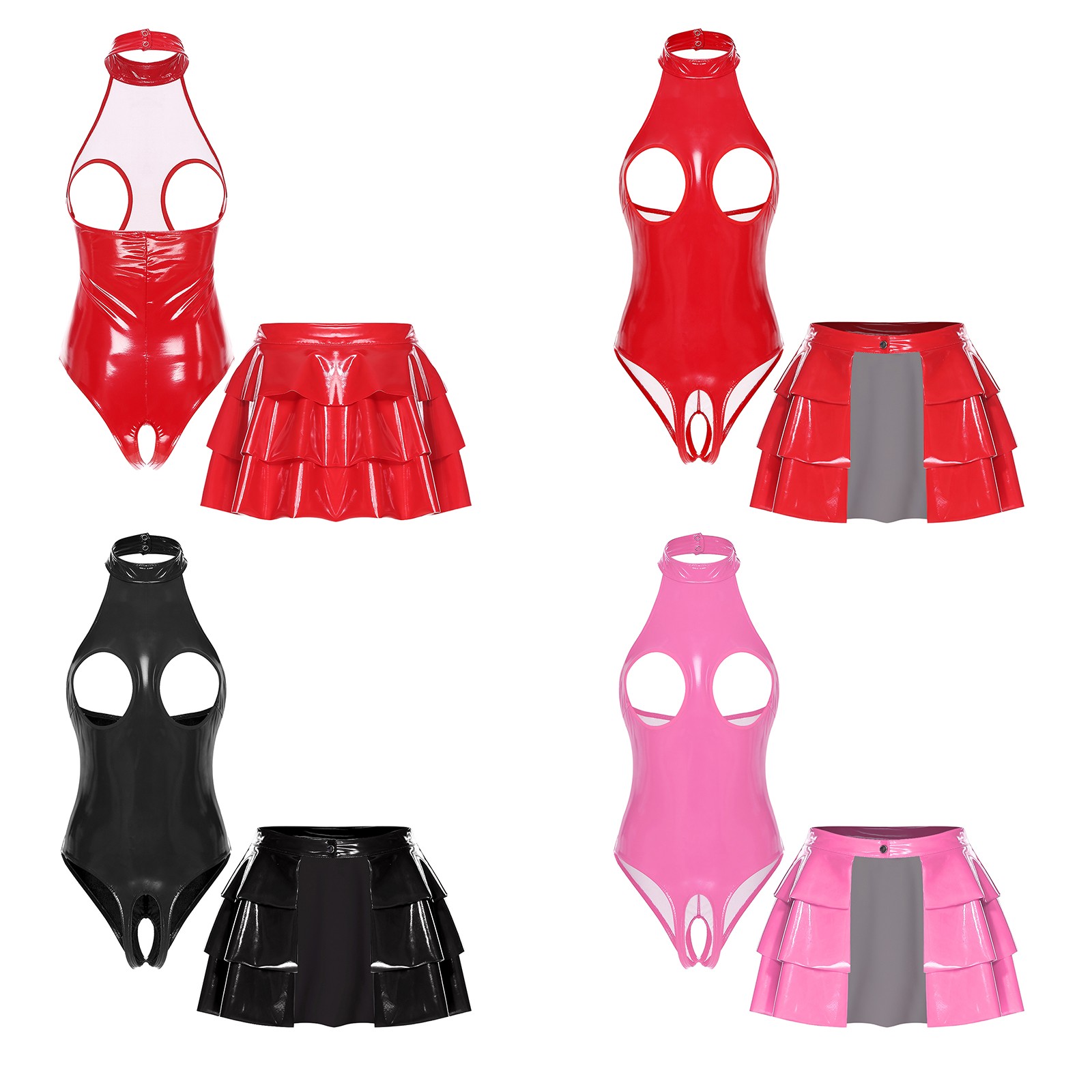 Women Pvc Leather Wet Looking Bare Exposed Breast Teddy Out A-line Flared Skirts