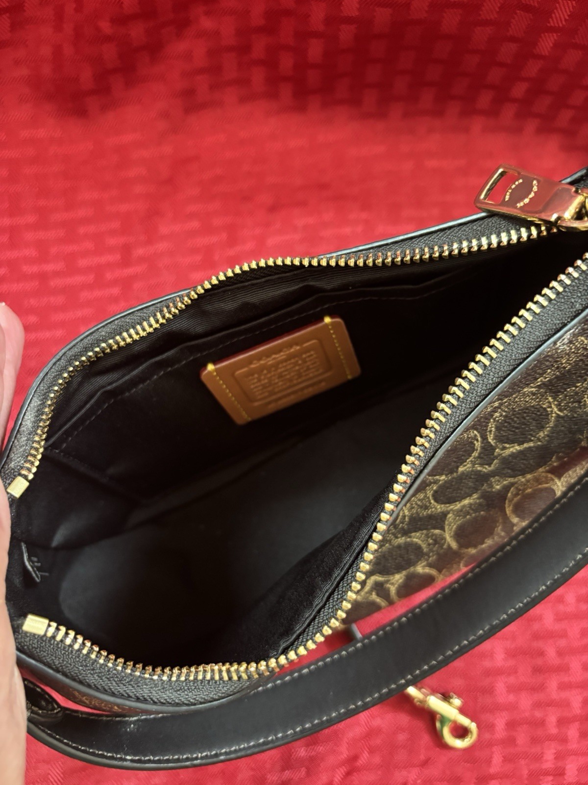 Coach Teri Small Brown Signature Logo Crescent Shoulder Bag Zip w/ Charm Strap