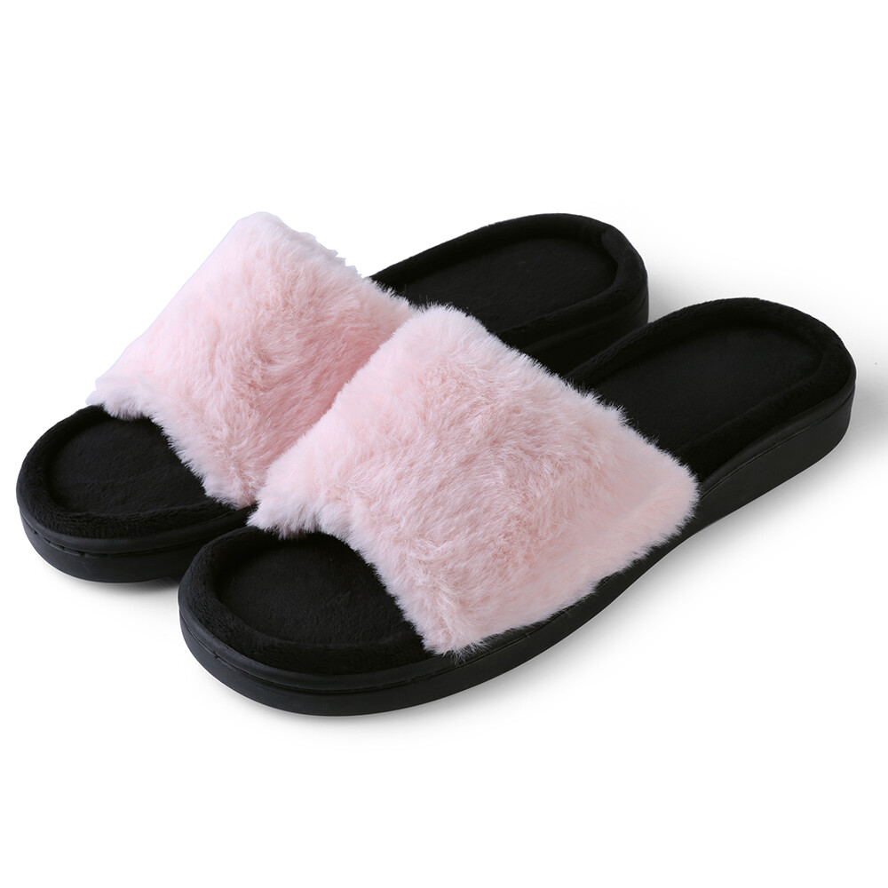 Aerusi Women Fuzzy Comfy Slide Open Toe Memroy Foam Slippers House Bedroom Shoes