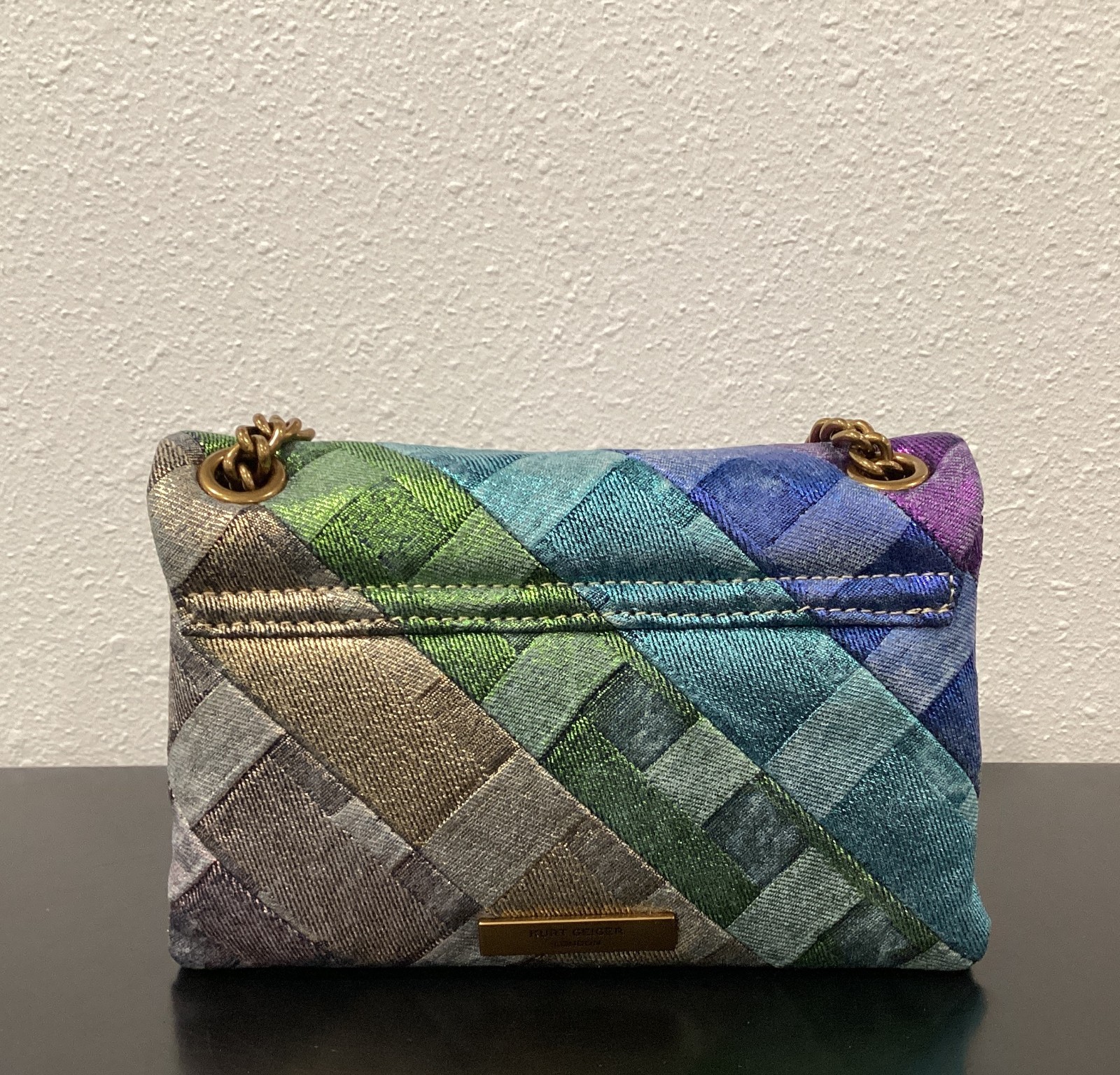 Kurt Geiger Mini Kensington 8″x5″x2.75″ Distressed Metallic Rainbow Denim Soft