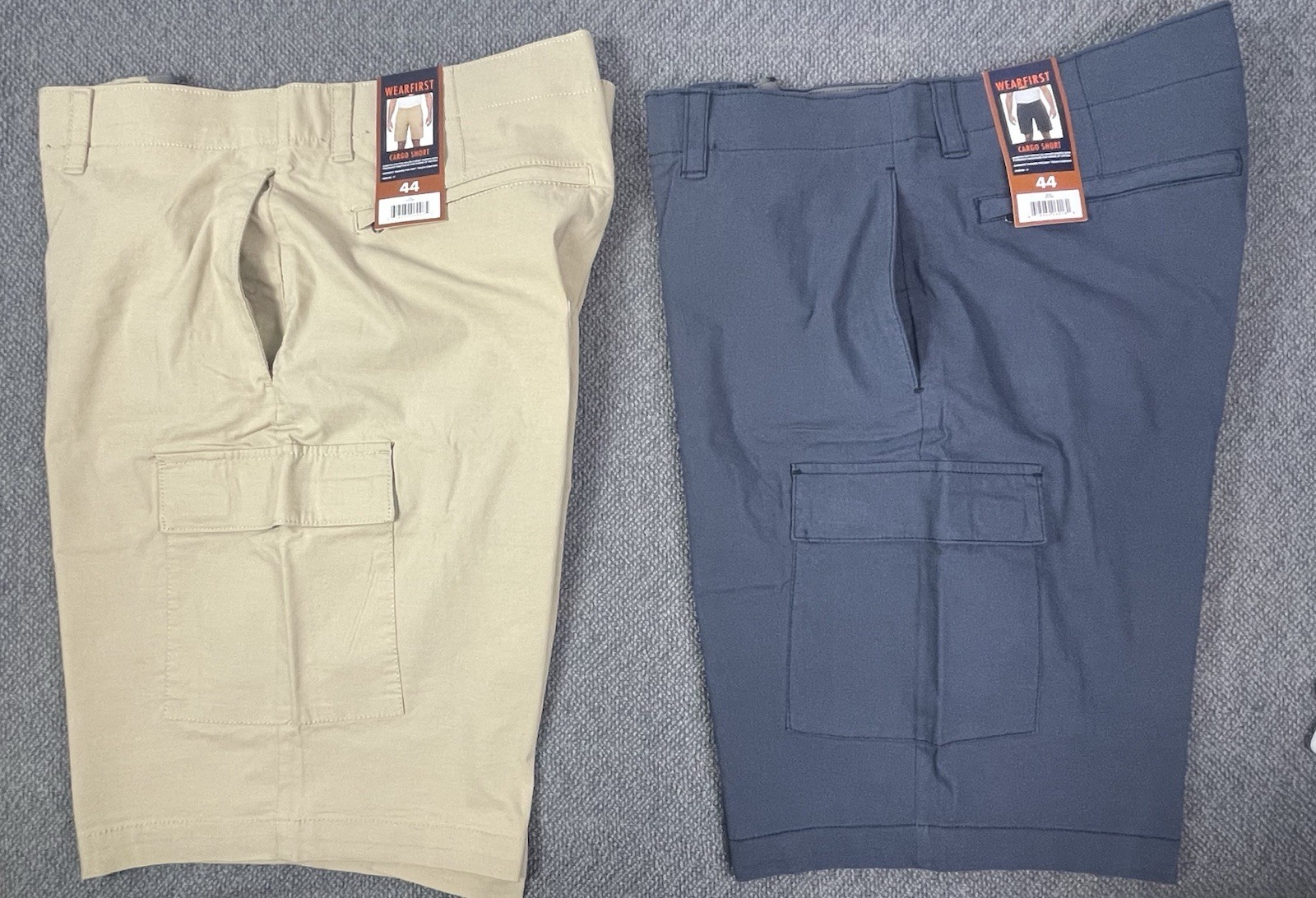 Wearfirst Men’s Lot of 2 Tan & Blue Cargo Shorts 44 Zippered Back Pockets NWT