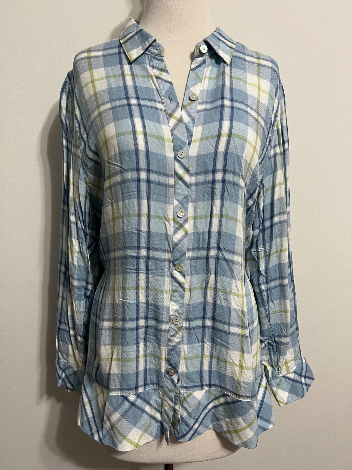 J.Jill Petite Button-Front Tunic Shirt Light Blue Navy White Moss Green Plaid PL