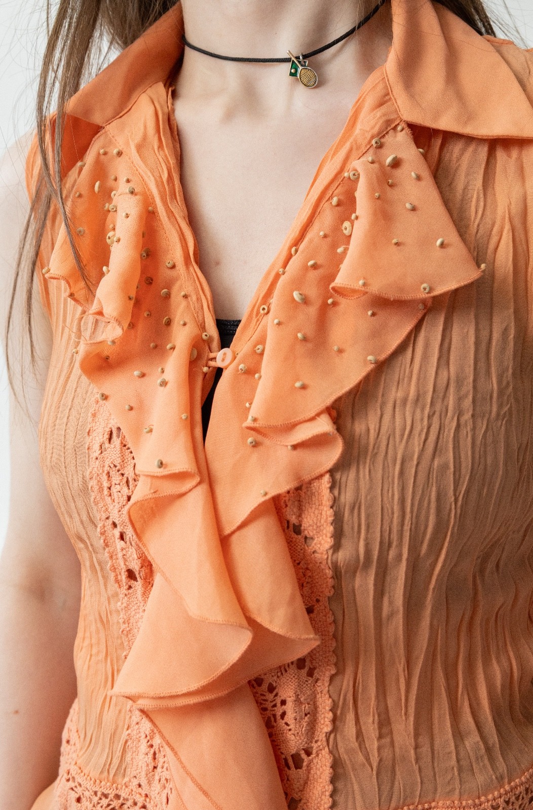 Vintage Y2K Peach Sheer Chiffon Ruffle Top Beaded Crochet Lace Boho Coquette S