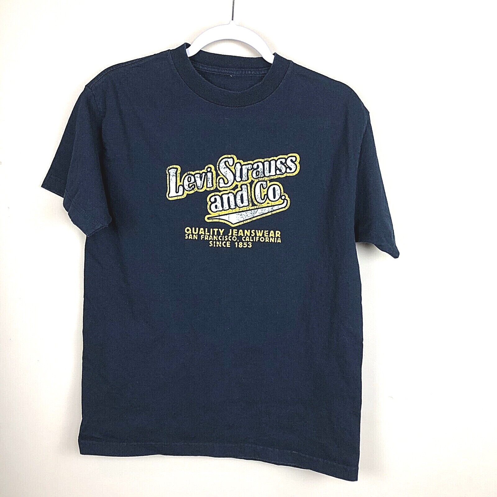 Vintage Levi Strauss Levis Tshirt Mens Medium Tee Navy Yellow Logo 80s 90s A