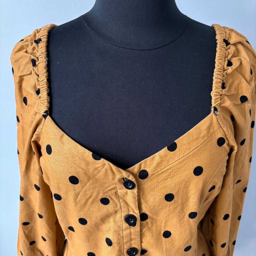 Madewell Corduroy Polka Dot Puff Sleeve Button-Up Top in Caramel Size 6