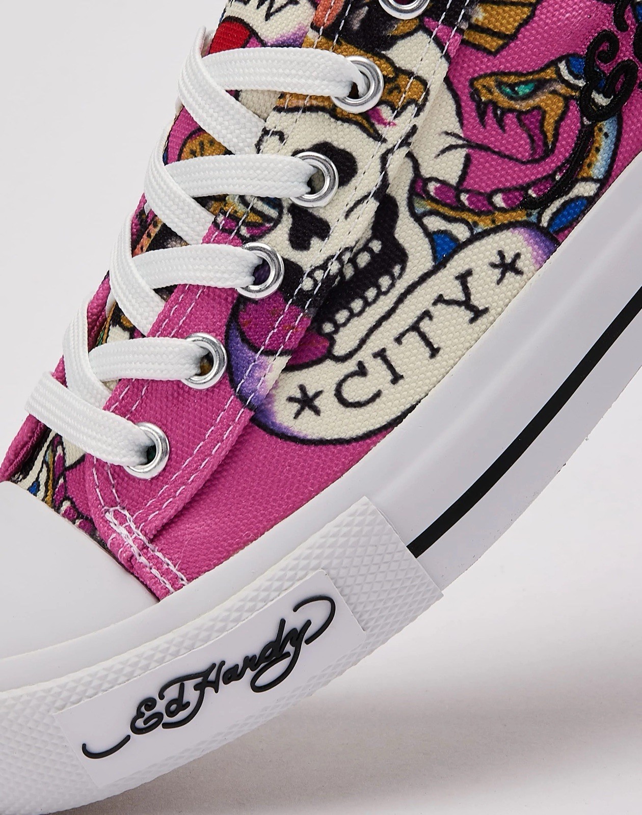 Sale! Ed Hardy women’s Pink Skull Graphic Print Canvas Low Top Sneakers