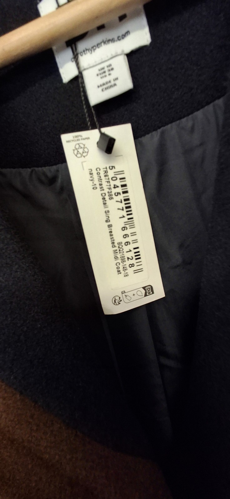 Dorothy Perkins Coat Contrast Detail Single Breasted Midi Navy Brown Uk10 L3781