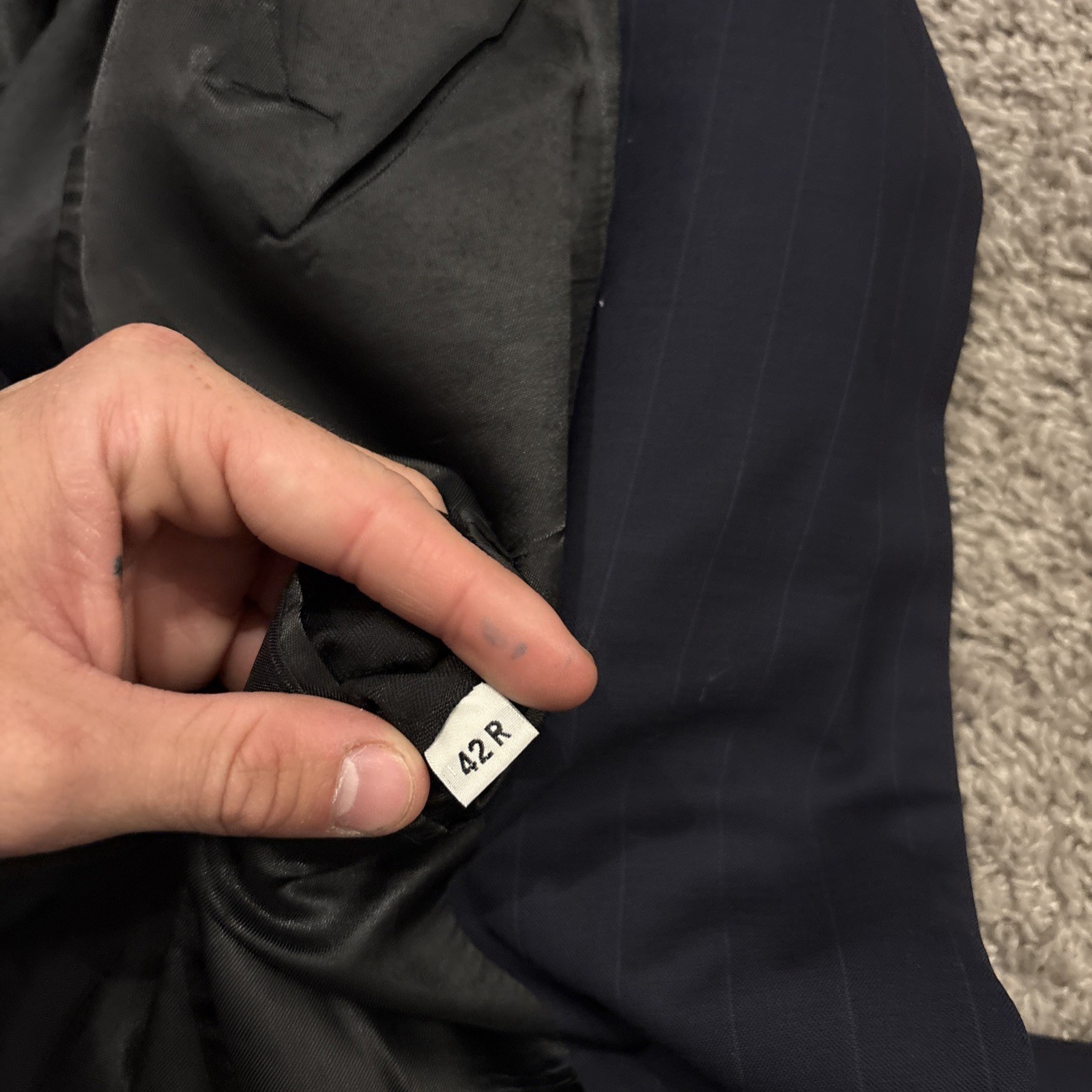 Tom James Mens 42R Pinstripe 2 Piece Suit Blue Corporate Image Pleated 36×32