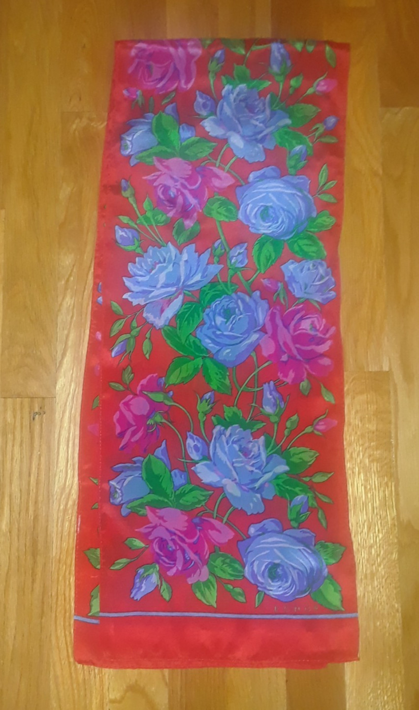 ECHO Red Blue Purple Roses Floral 100% Silk Oblong Scarf 51″