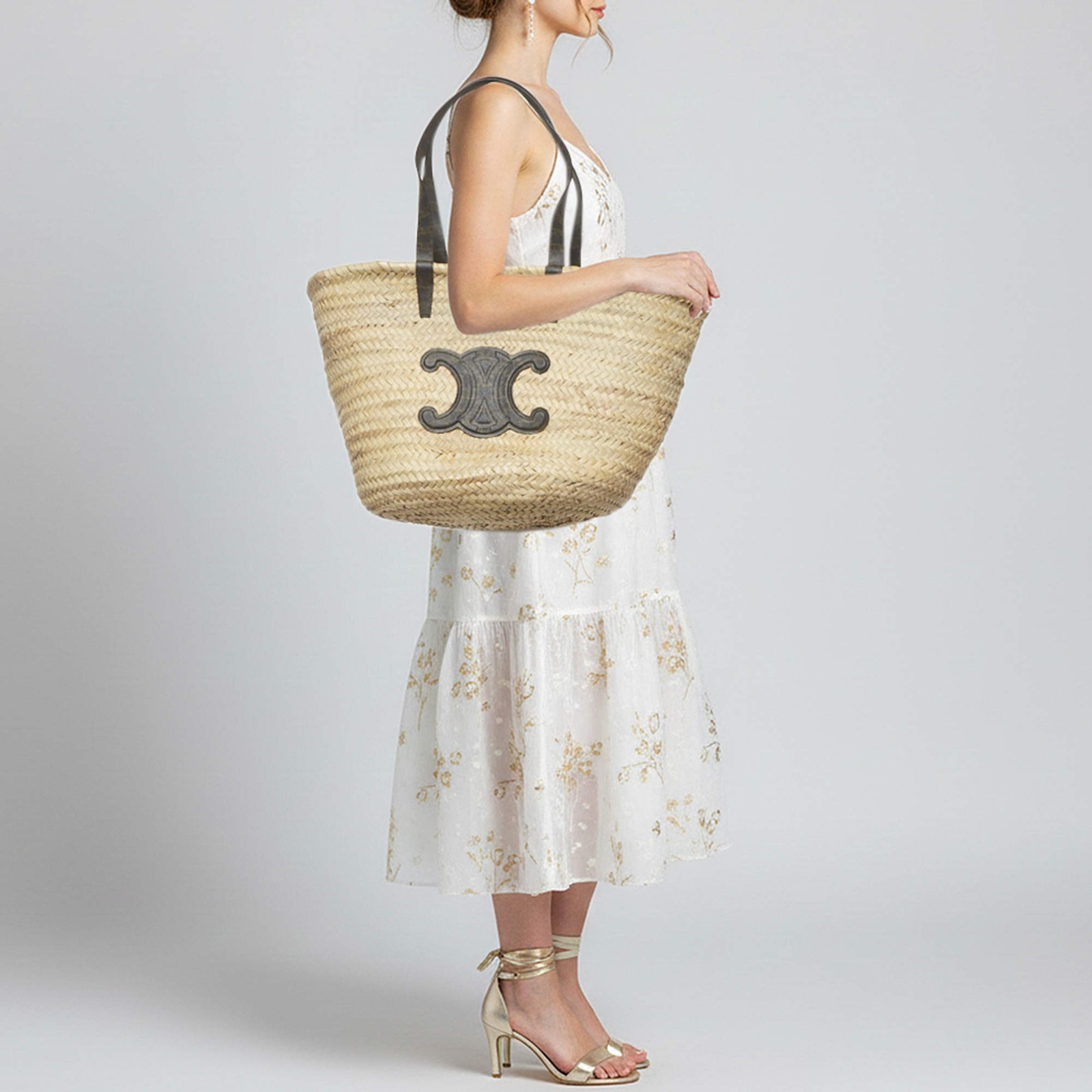 Celine Triomphe BlackBeige Raffia and Printed Coated Canvas Basket Bag