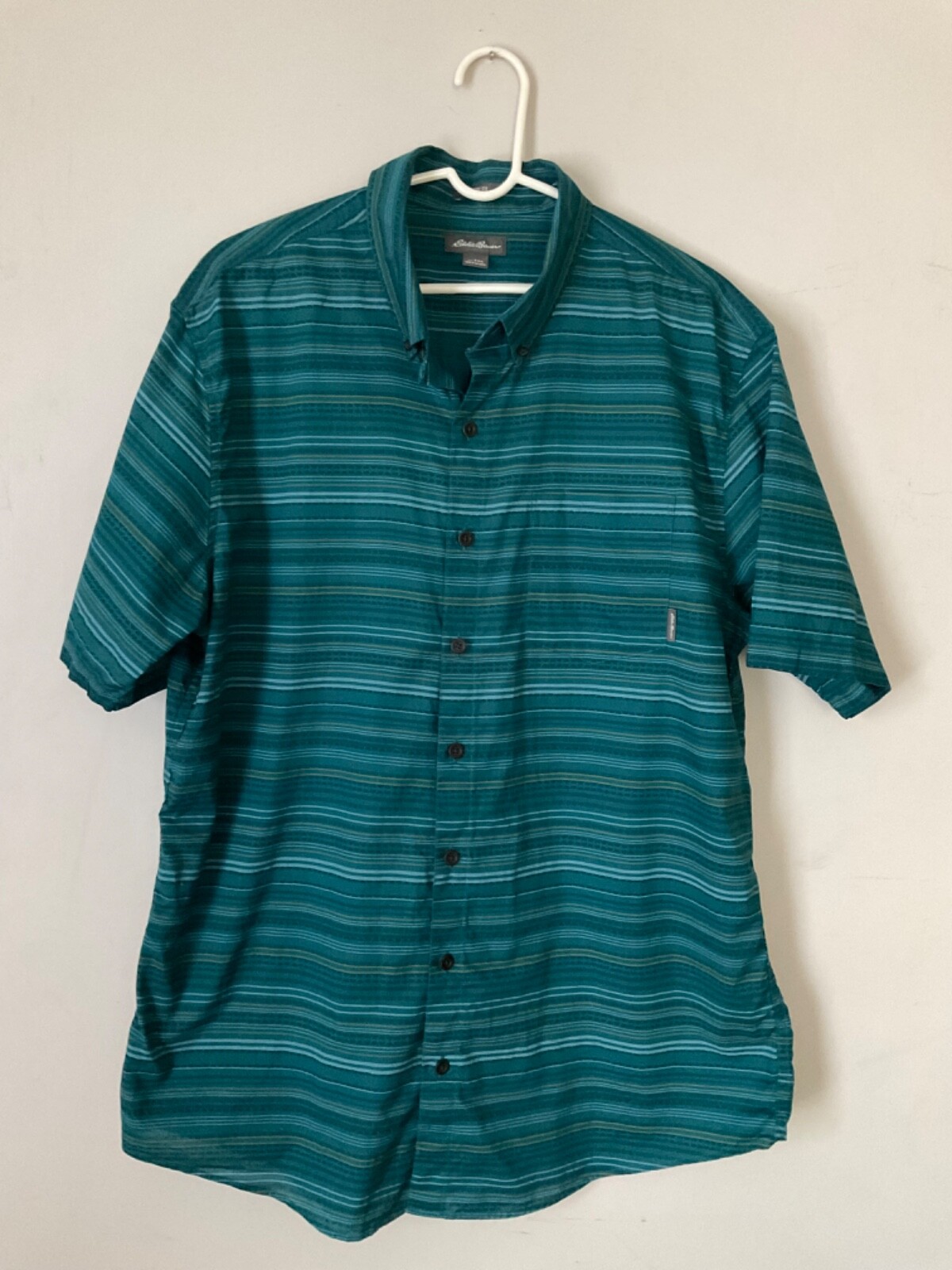 Eddie Bauer Striped Short Sleeve Sport Shirt Teal Mens TXL Tall EXC Camp