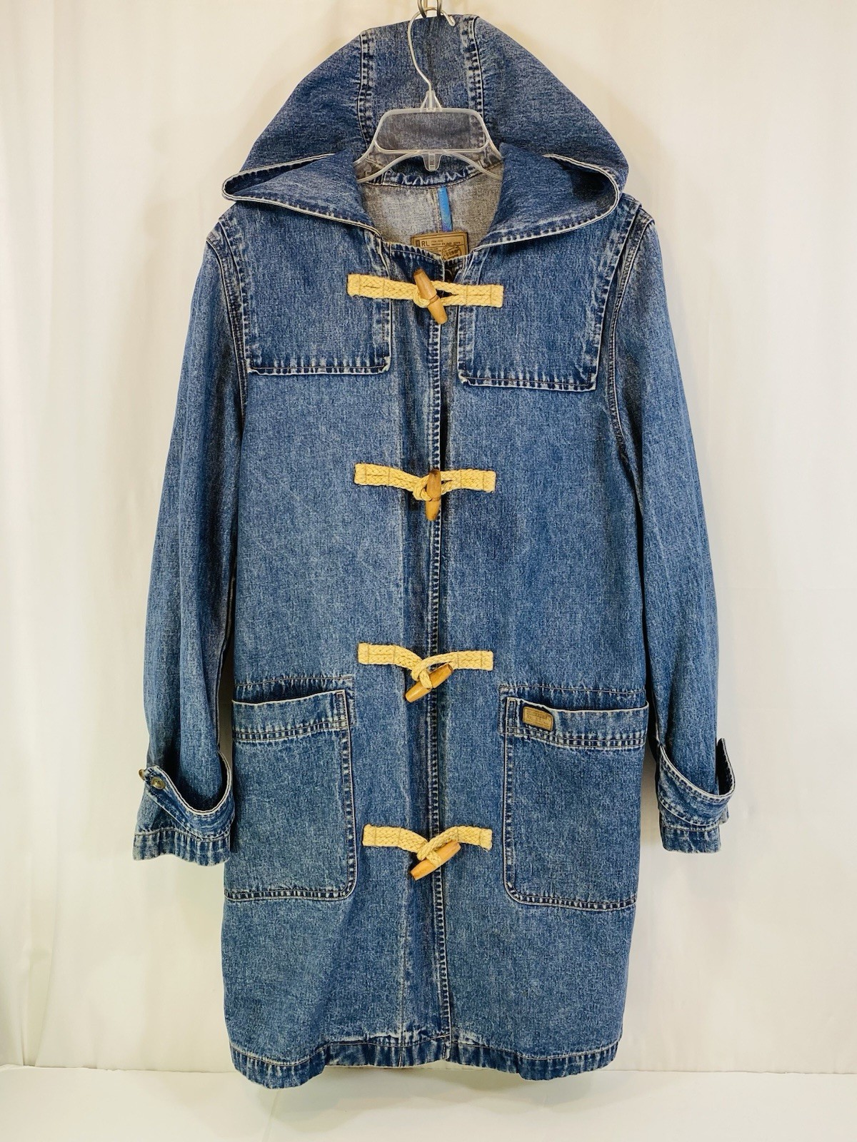 Vintage Ralph Lauren Denim Hooded Duster Jacket Chore Coat Toggle Womens M