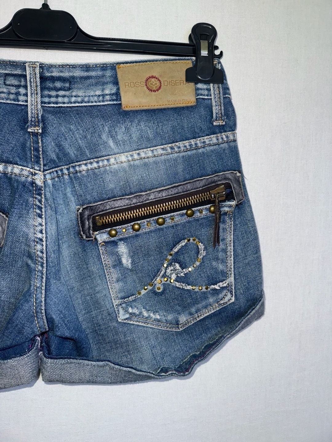 Rossodisera Low Rise Distressed Denim Studded Shorts with Zipper Pockets