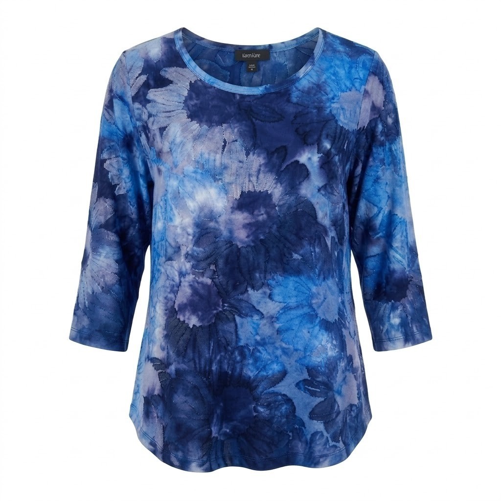 NEW Karen Kane 2x Textured Blue Floral Burnout Scoop Neck 3/4 Sleeve Top