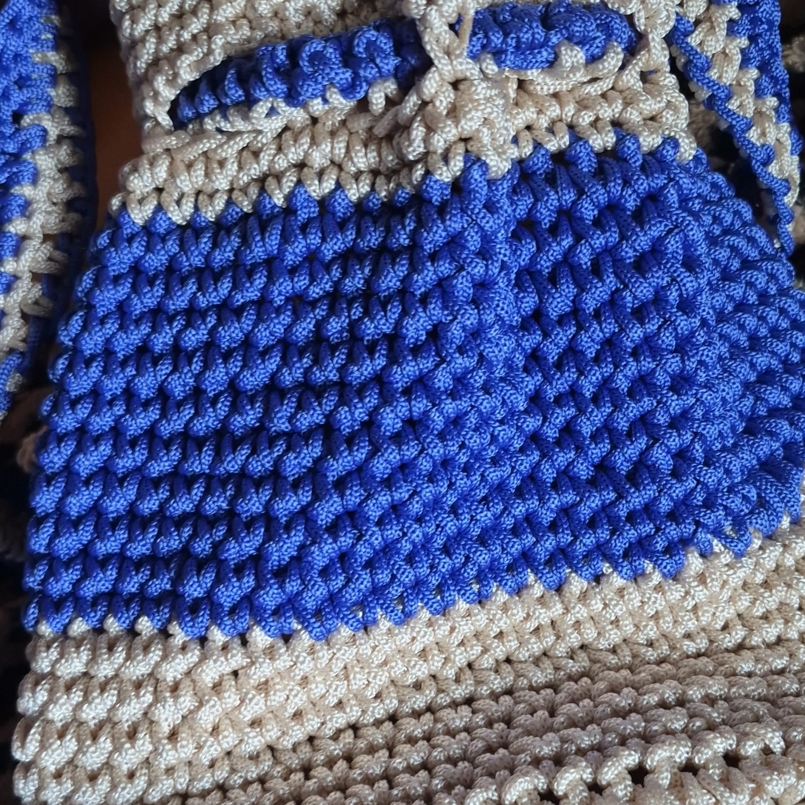 Handmade Colorblock Crochet Bucket Drawstring Bag, Blue/Beige, Strap