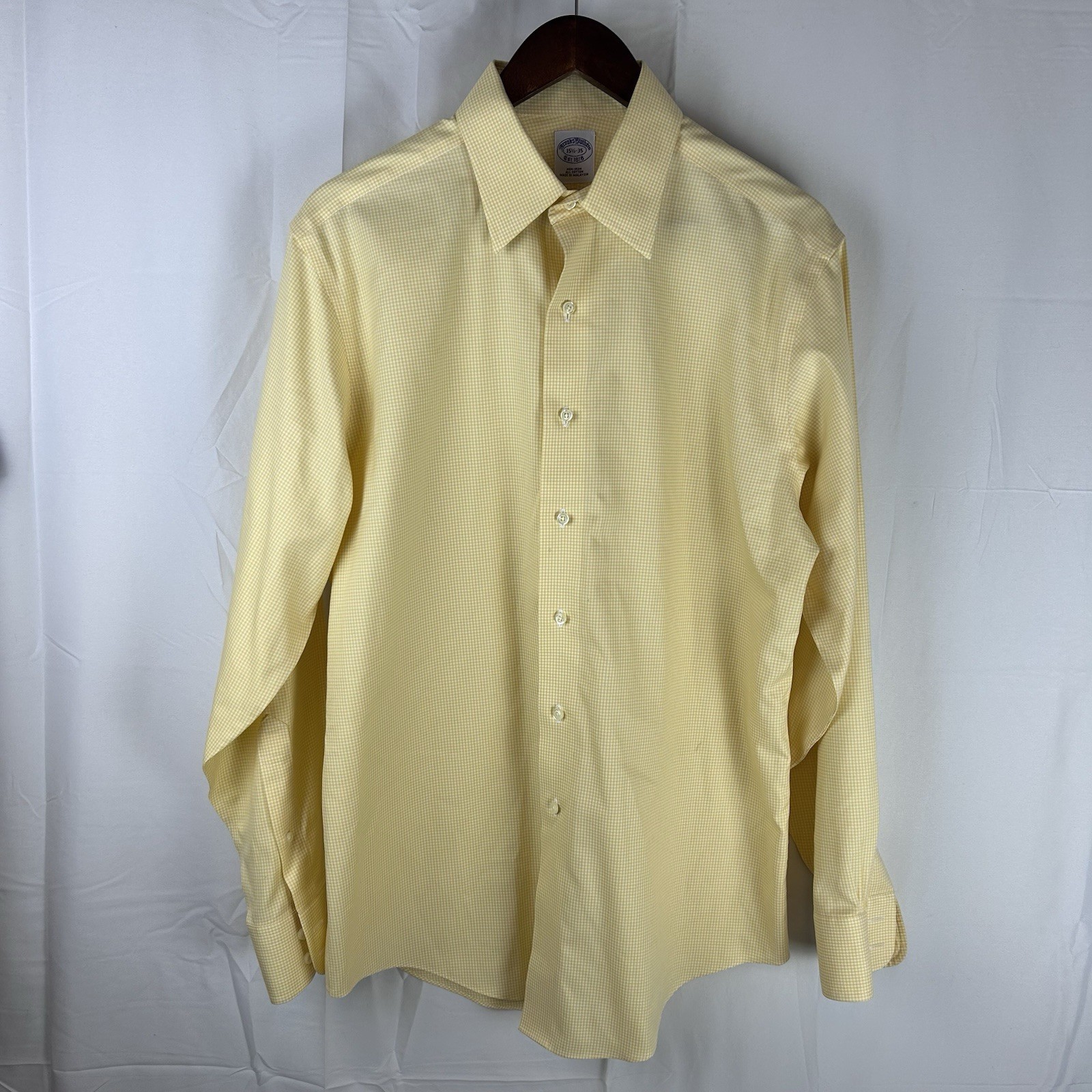 Brooks Brothers 15 1/2-35 Yellow Check Long Sleeve Button Shirt Men 100% Cotton
