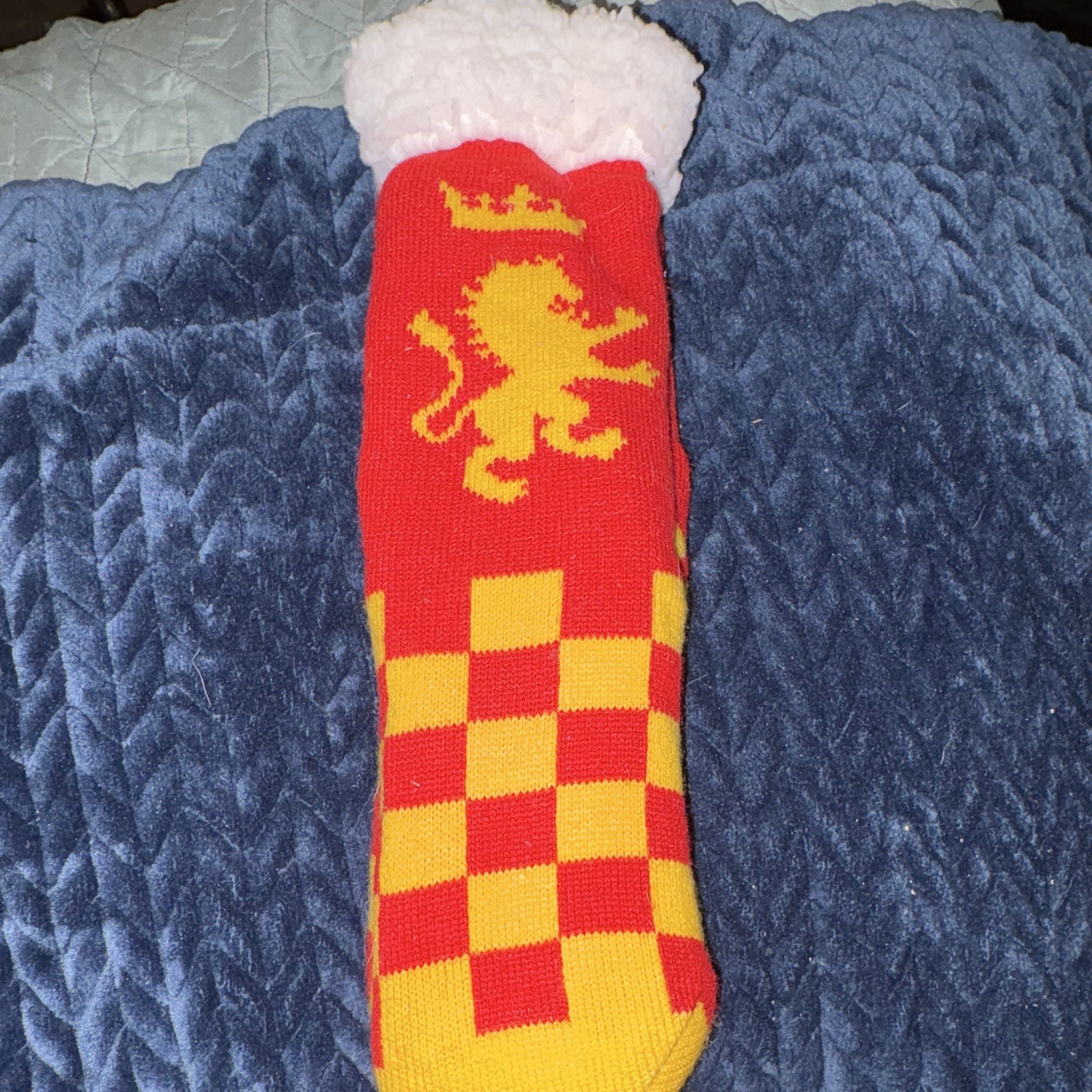 Harry Potter Gryffindor Check Mid Calf Crew Socks Red Yellow White Fuzzy Cuff