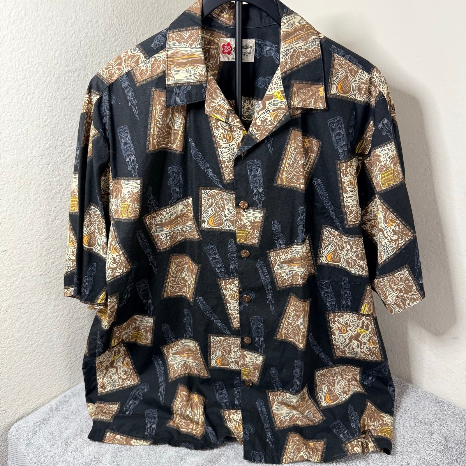 Vintage Hilo Hattie Hawaiian Shirt Mens XL Black Cotton Tiki Woodblock Resort