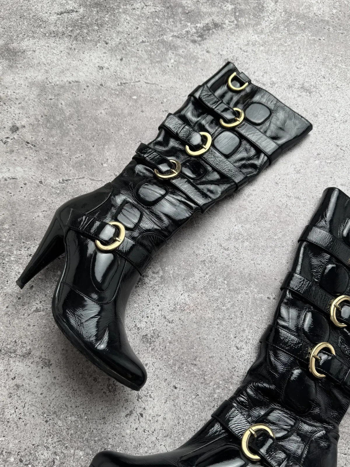 Vintage Black Patent Leather Knee High Boots Womens 36 Buckle High Heel Goth