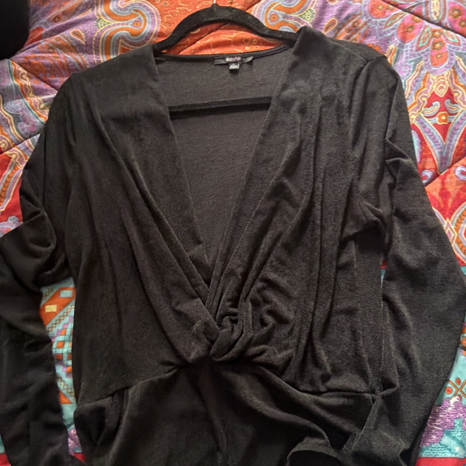 bld she Women’s Black Long Sleeve Wrap Twist Bodysuit L stretchy lightweight
