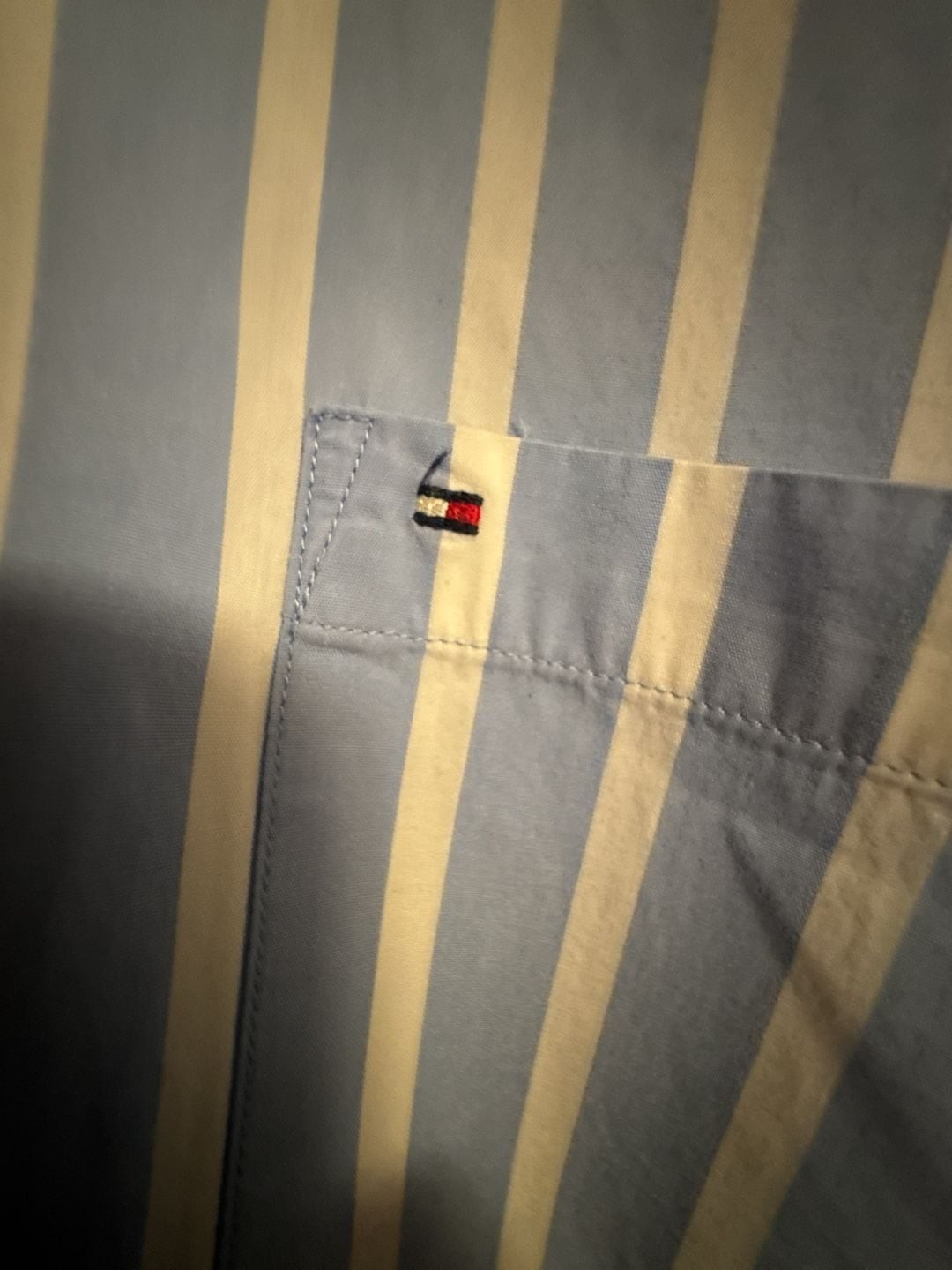 Vintage Tommy Hilfiger Men’s Long Button Down Shirt Blue and White Striped