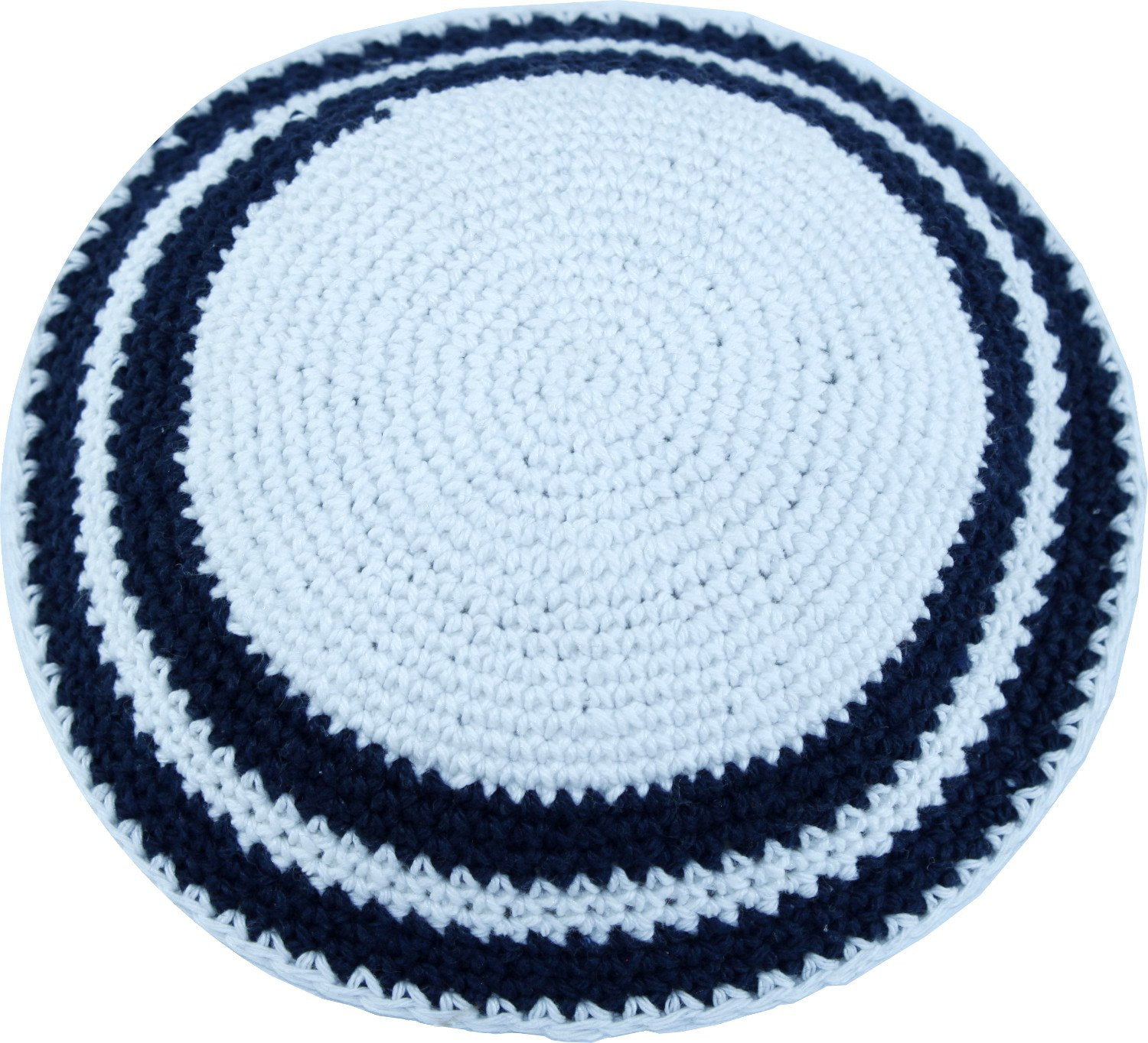 White / Dark Blue, 17cm DMC 100% Knitted Cotton Kippah Torah Chabad Yarmulke