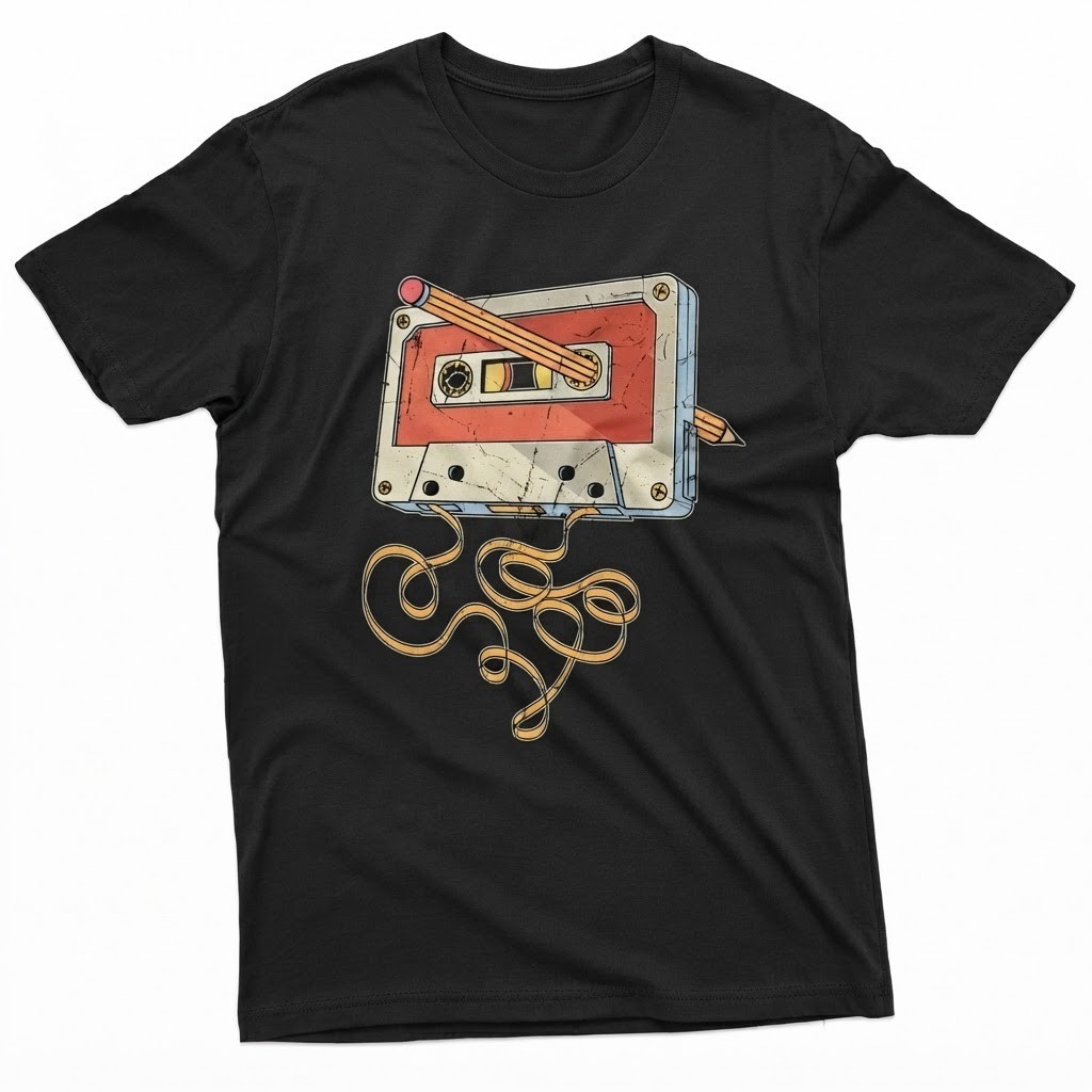 Men’s vintage cassette tape with pencil T-shirt 80s 90s born nostalgic gift